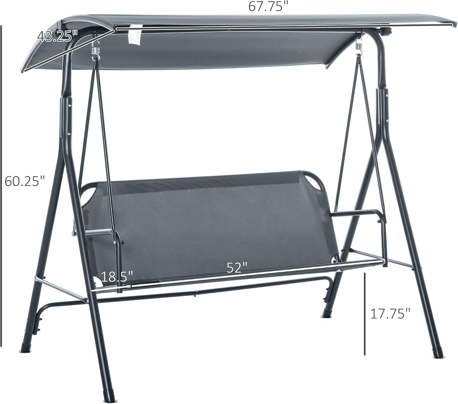 Outsunny 3-Person Porch Swing with Stand, Outdoor Swing for Patio Porch with Adjustable Tilt Canopy and Comfortable Swing Bench-Style Seat, Steel Frame, Gray