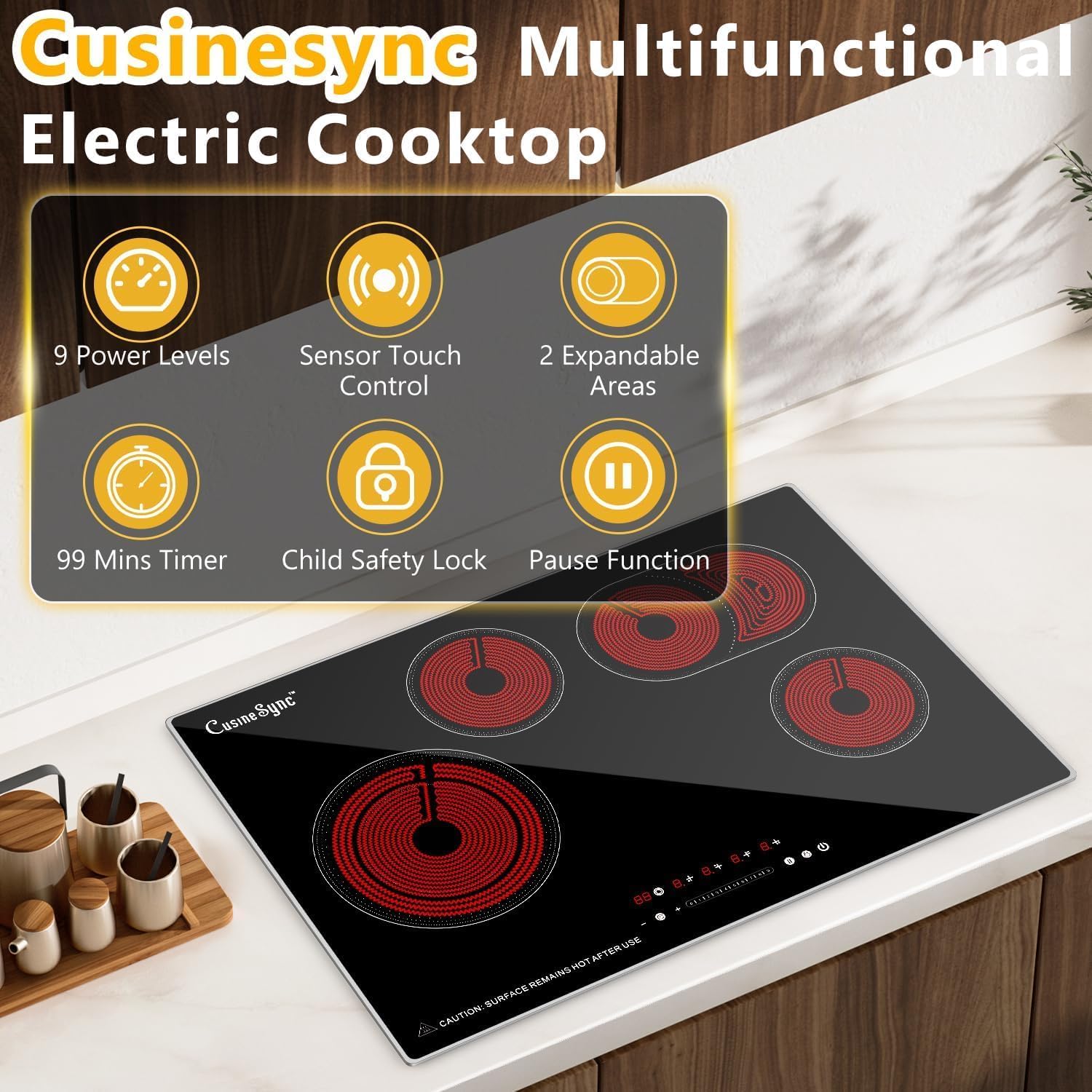 30″ Built-In Electric Ceramic Cooktop, 7400W 4 Burners, Dual Ring Heating, Easy Touch Control, Works with All Cookware