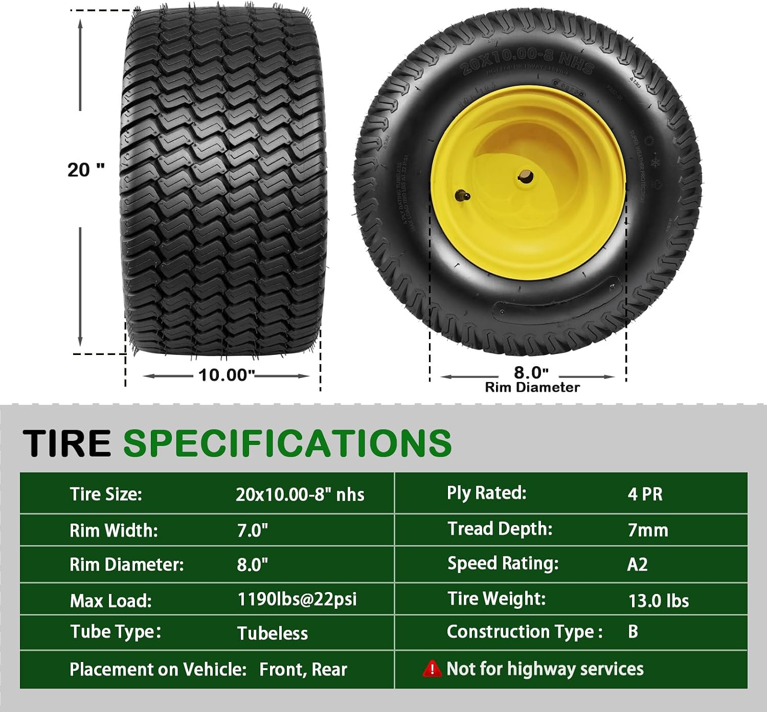 TRIPOWER 20x10.00-8 Lawn Mower Tires with Rims- 20x10x8 Tires and Wheels, 3.5' Offset Hub, 3/4' Borehole, 3/16' Keyway, for Lawn Mower Tractor, 4PR Tubeless, 1190 lbs Capacity, Set of 2
