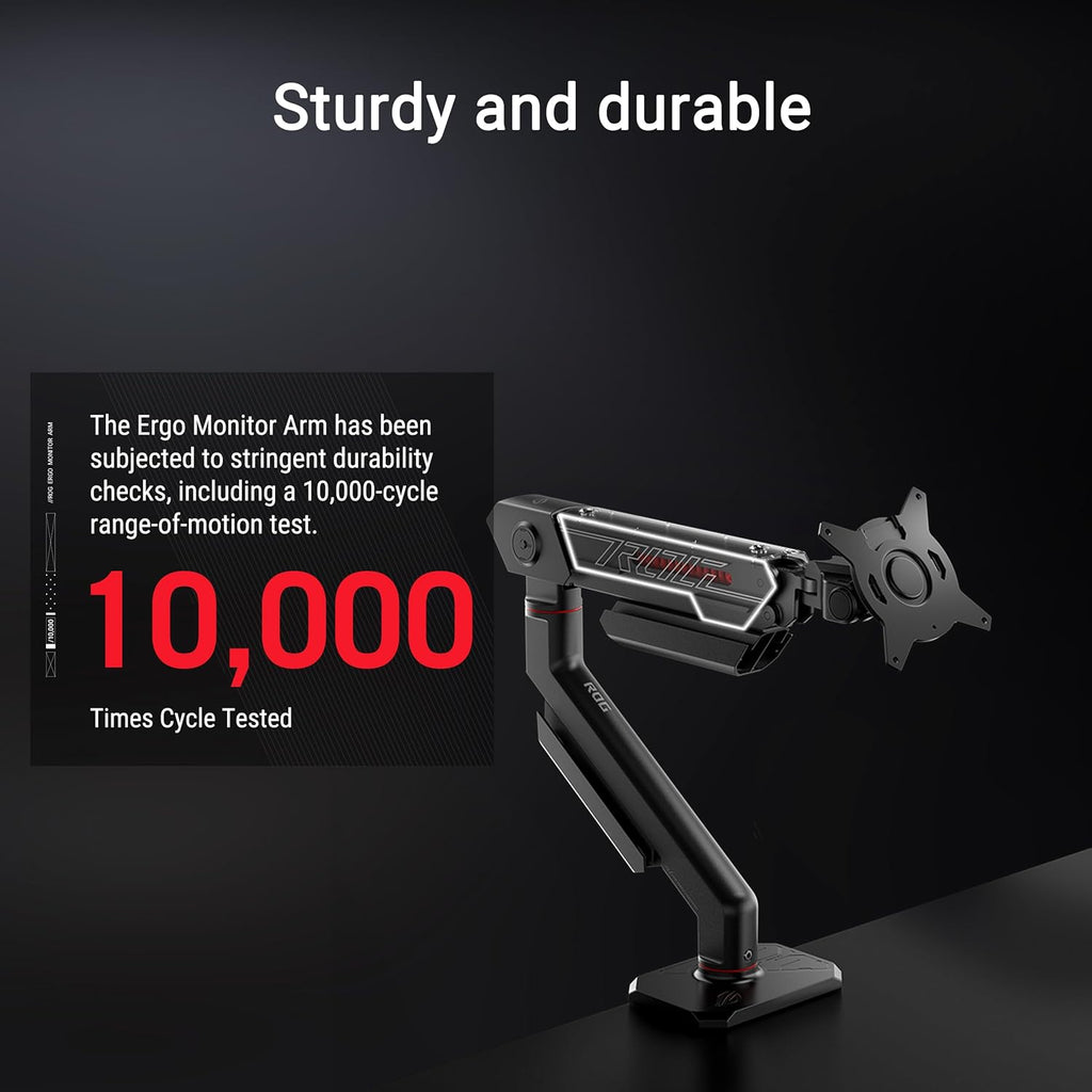 ASUS ROG Ergo Monitor Arm (AAS01) - Monitor Mount with Cable Management, Ergonomic, Pivot, Swivel, Height Fully Adjustable, Clean Desk Setup, up to 39 inches*,23lbs*, VESA 100x100, Mechanical Spring