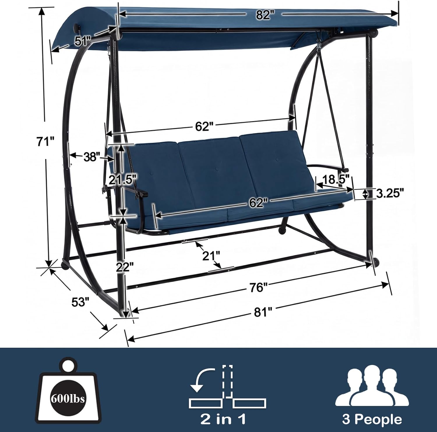Outdoor Patio Swing Bed with Canopy, 3 Seat Porch Swing Chair for Adults, Heavy Duty Frame, Thick Cushions, Adjustable Backrest for Backyard Balcony Garden, Blue