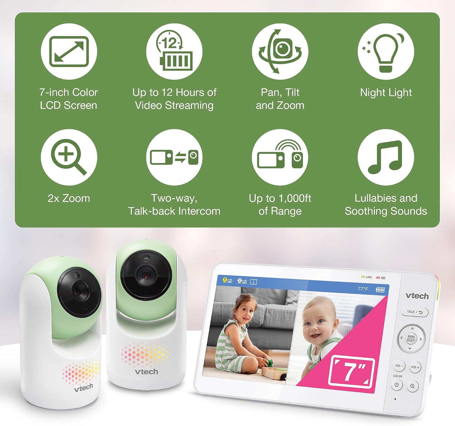 VTech 2-Cameras Video Baby Monitor with 7' Color LCD Screen, Rechargeable Battery, Video and Audio Streaming, Pan-Tilt-Zoom, Touch Multi-Color Night Light, Two-Way Talk: Advanced Max Twin (Green)