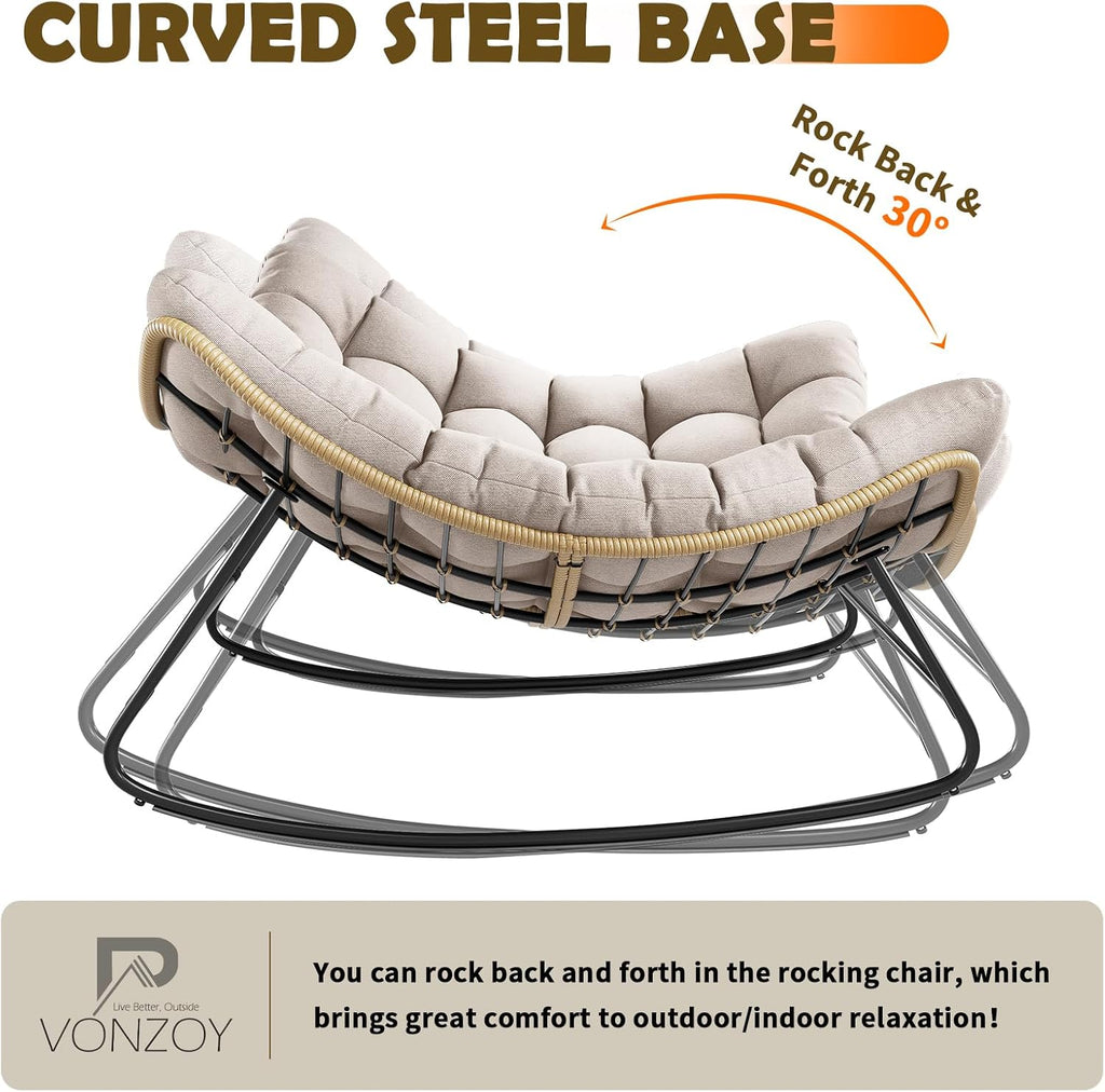 Outdoor Rocking Chair, 2 PCS Indoor Papasan Chairs, Oversized Egg Rocking Chair with Thick Cushion, Rattan Wicker Rocker Lounge Chair for Bedroom, Living Room, Patio, Garden, Porch (Beige)