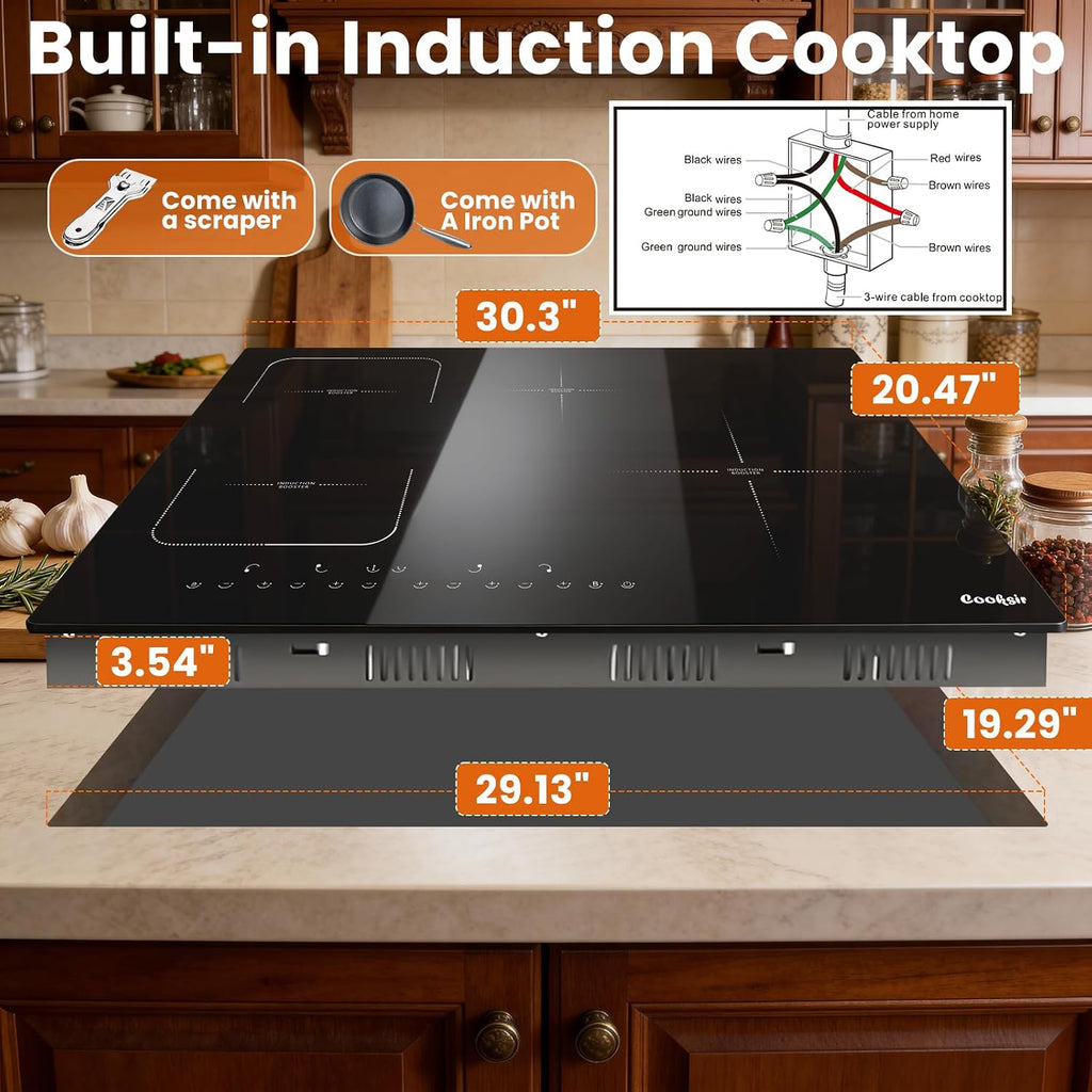 Induction Cooktop 30 Inch with Iron Pot, 4 Burner Built-in Stove 7200W, 30' Induction Stovetop Slide Touch with Flex Zone, Boost, Timer, Lock, Pause, 220V Hard Wired (No Plug)