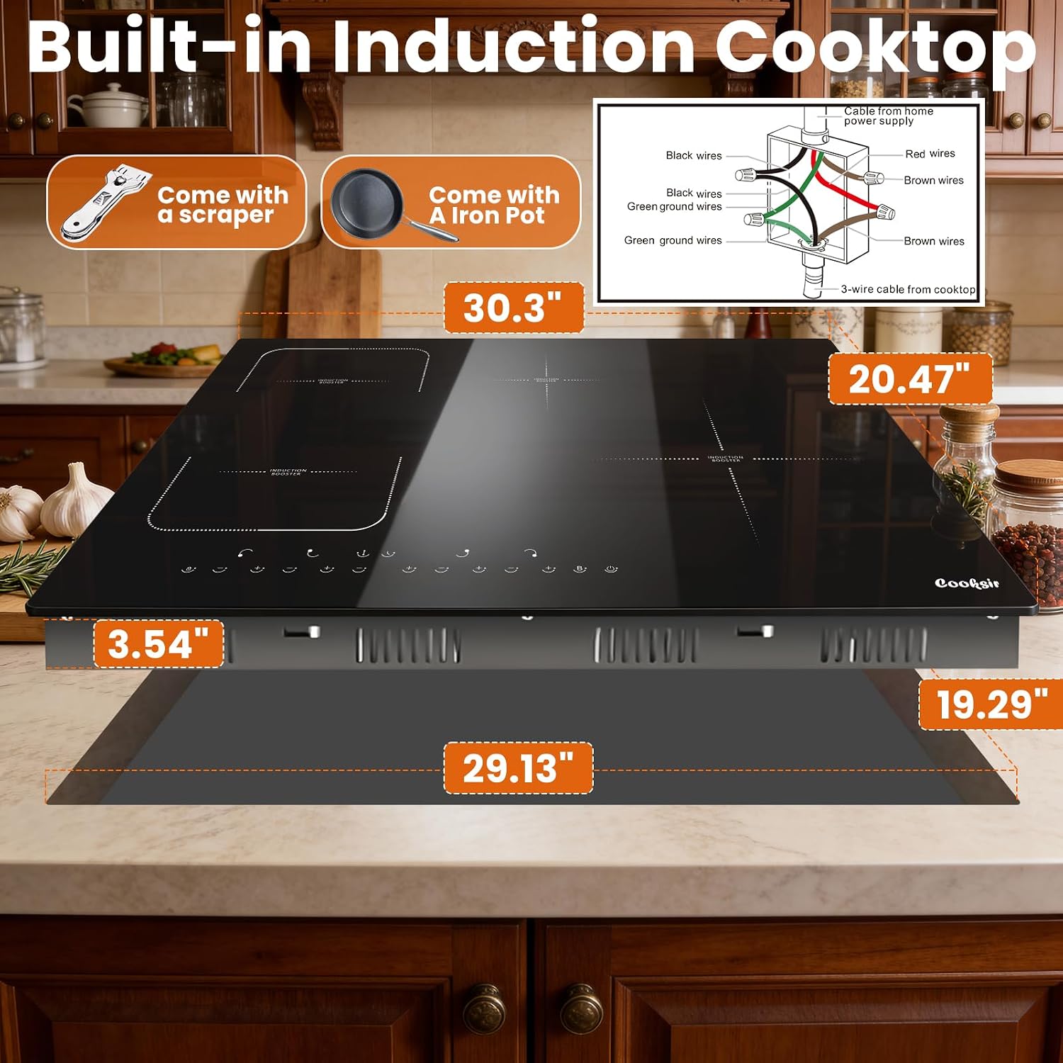 Induction Cooktop 30 Inch with Iron Pot, 4 Burner Built-in Stove 7200W, 30' Induction Stovetop Slide Touch with Flex Zone, Boost, Timer, Lock, Pause, 220V Hard Wired (No Plug)