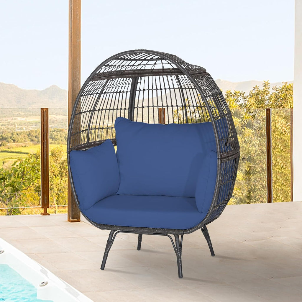 Tangkula PE Wicker Egg Chair, Patiojoy Oversized Indoor Outdoor Patio Lounge Chair with Cushions and Pillows, Steel Frame Basket Chair for Garden, Deck, Balcony, Living Room (Navy)