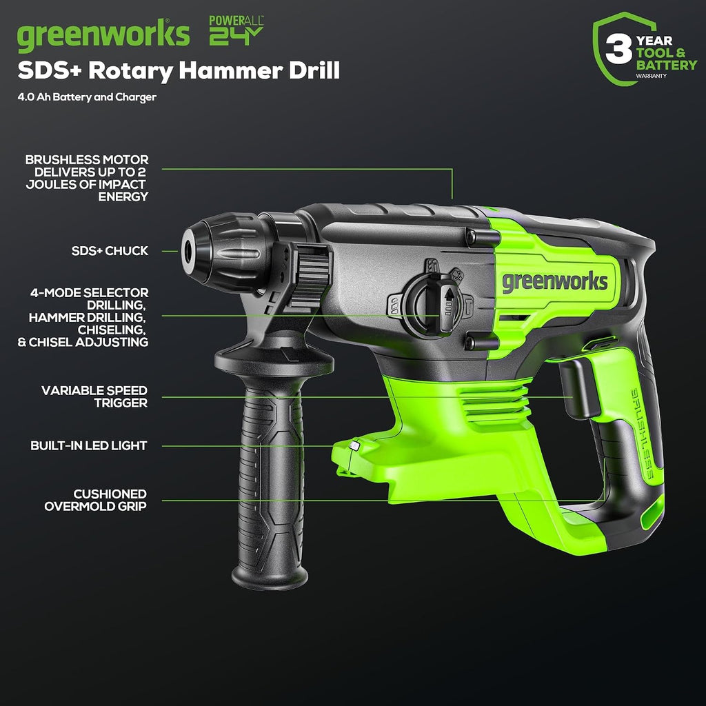 Greenworks 48V (24V x 2) Lawn Mower Combo Kit with 20' Push Mower, 12' String Trimmer, 320 CFM Blower, 3-Ton Car Jack, and 24V Cordless Rotary Hammer, Impact Rate 4500 IPM, Ideal for Yard & Indoor