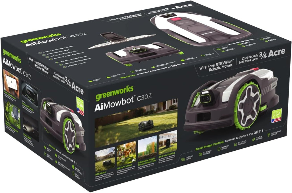 Greenworks C30Z Wire-Free Robotic Lawn Mower, up to 3/4 Acre, RTKVision Navigation, 24-Degree Slope Climbing, Smart Obstacle Avoidance, App Control with Electric Height Adjustment