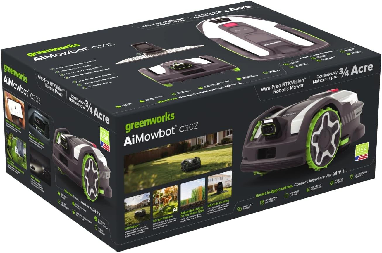 Greenworks C30Z Wire-Free Robotic Lawn Mower, up to 3/4 Acre, RTKVision Navigation, 24-Degree Slope Climbing, Smart Obstacle Avoidance, App Control with Electric Height Adjustment