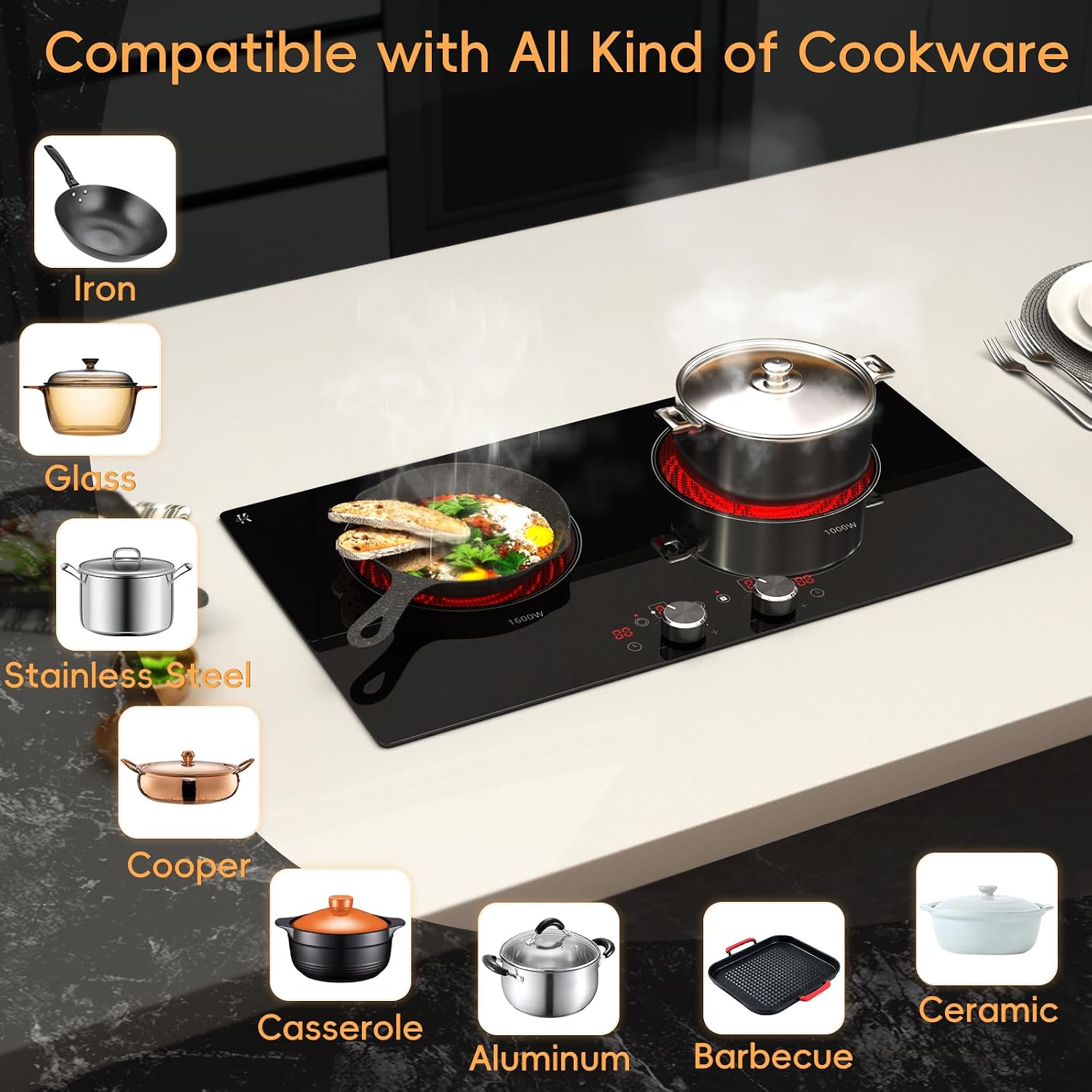 2 Burner Electric Cooktop 24 Inch, 120V Electric Stove Top with Countertop & Built-in Design, 1800W Knob Control Radiant Ceramic Cooktop with Safety Lock, 9 Level Power, 99 Min Timer - Plug in