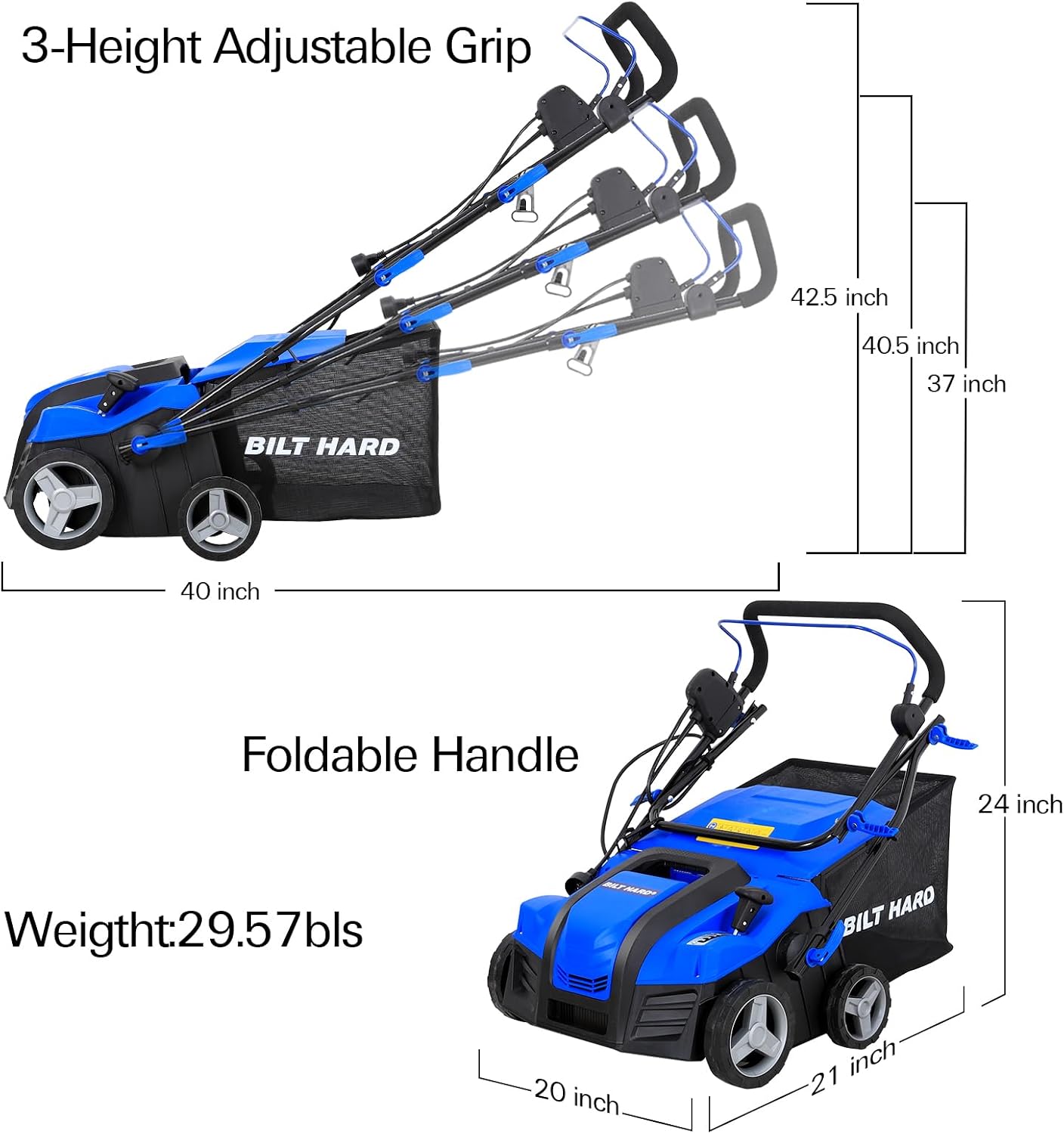 BILT HARD 16 Inch Dethatcher Scarifier Electric Powered, 15 Amp Copper Motor, 5-Position Depth Adjustment, 14.5 gal Thatch Bag, 2 in 1 Walk Behind Thatch Removing Machine for Lawn