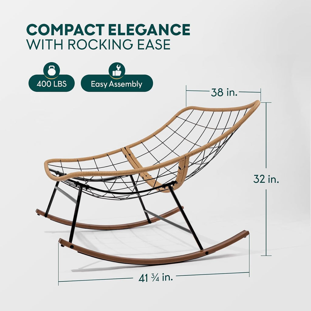 Bme Patio Rocking Chair Outdoor and Indoor, Modern Metal Lounge Rocker with Thick 7'' Cushion, 400lbs Capacity, Ergonomic Design, Easy Assembly, Beige Cushion - Wood Texture Rocker