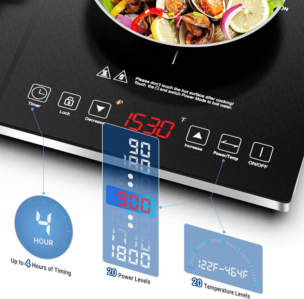 Double Induction Cooktop AMZCHEF Induction Cooker 2 Burners, Low Noise Electric Cooktops With 1800W Sensor Touch, 20 Temperature & Power Levels,Independent Control,3-hour Timer, Safety Lock