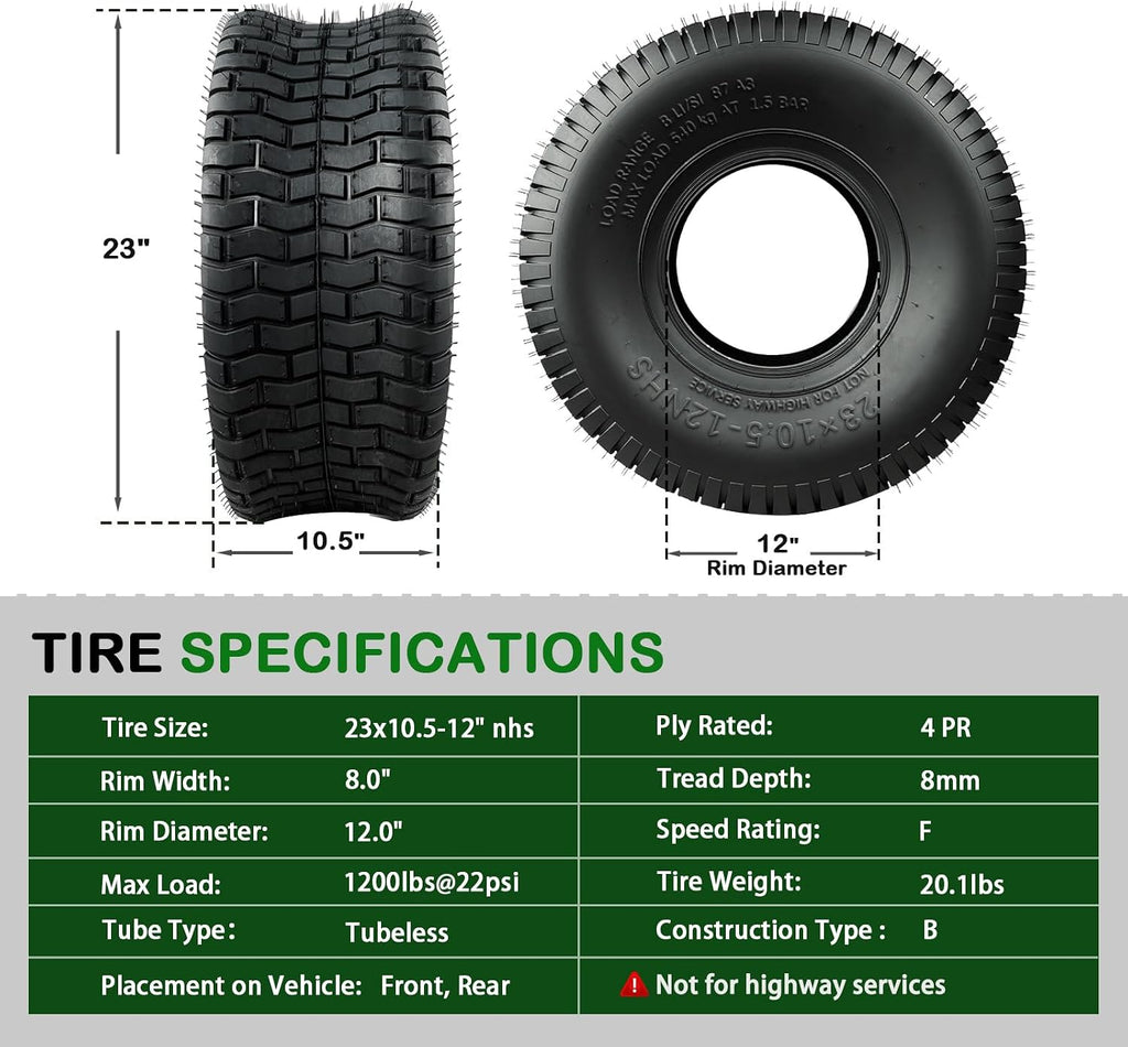 TRIPOWER 23x10.50-12 Lawn Mower Tires - 23x10.5x12 Tire for Riding Mower and Lawn Garden Tractor, Durable, 4PR Tubeless, 1200lbs Capacity, Set of 2
