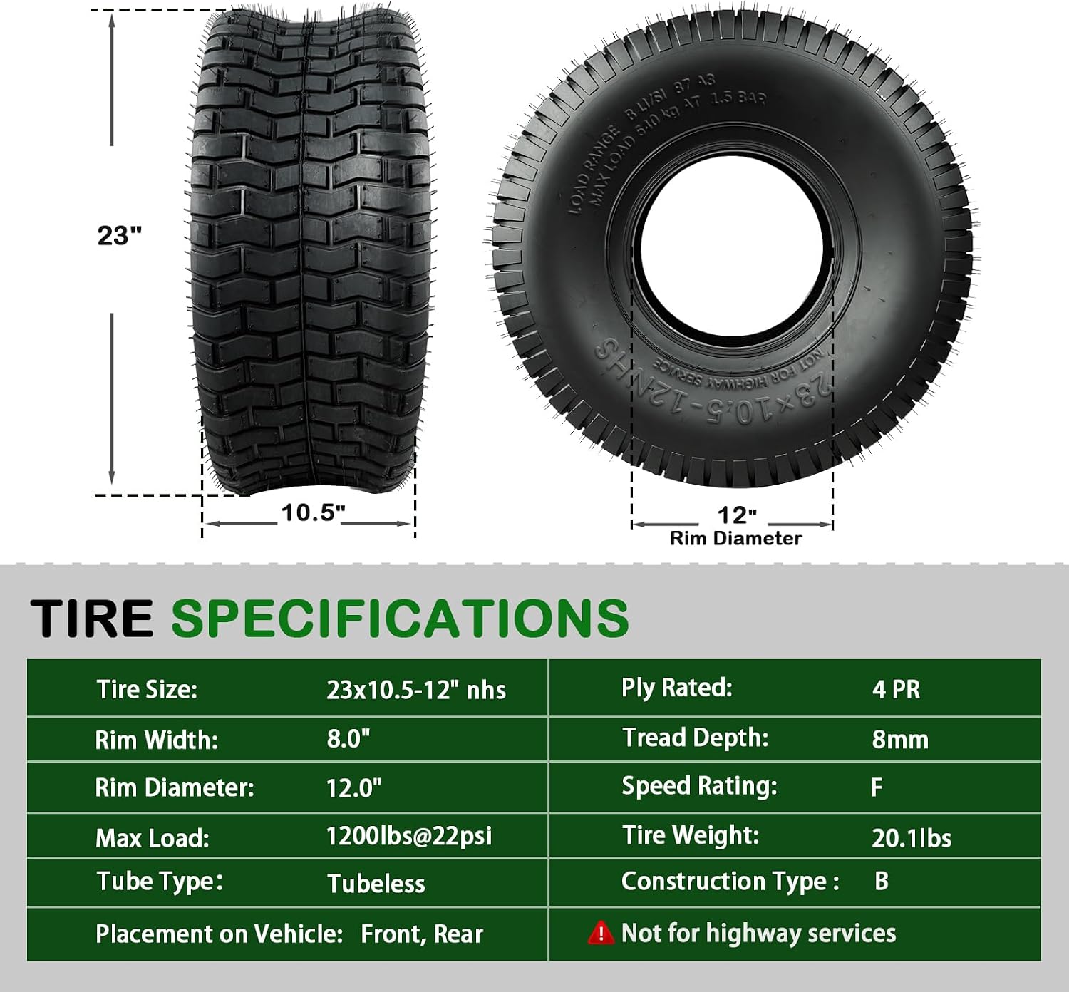TRIPOWER 23x10.50-12 Lawn Mower Tires - 23x10.5x12 Tire for Riding Mower and Lawn Garden Tractor, Durable, 4PR Tubeless, 1200lbs Capacity, Set of 2