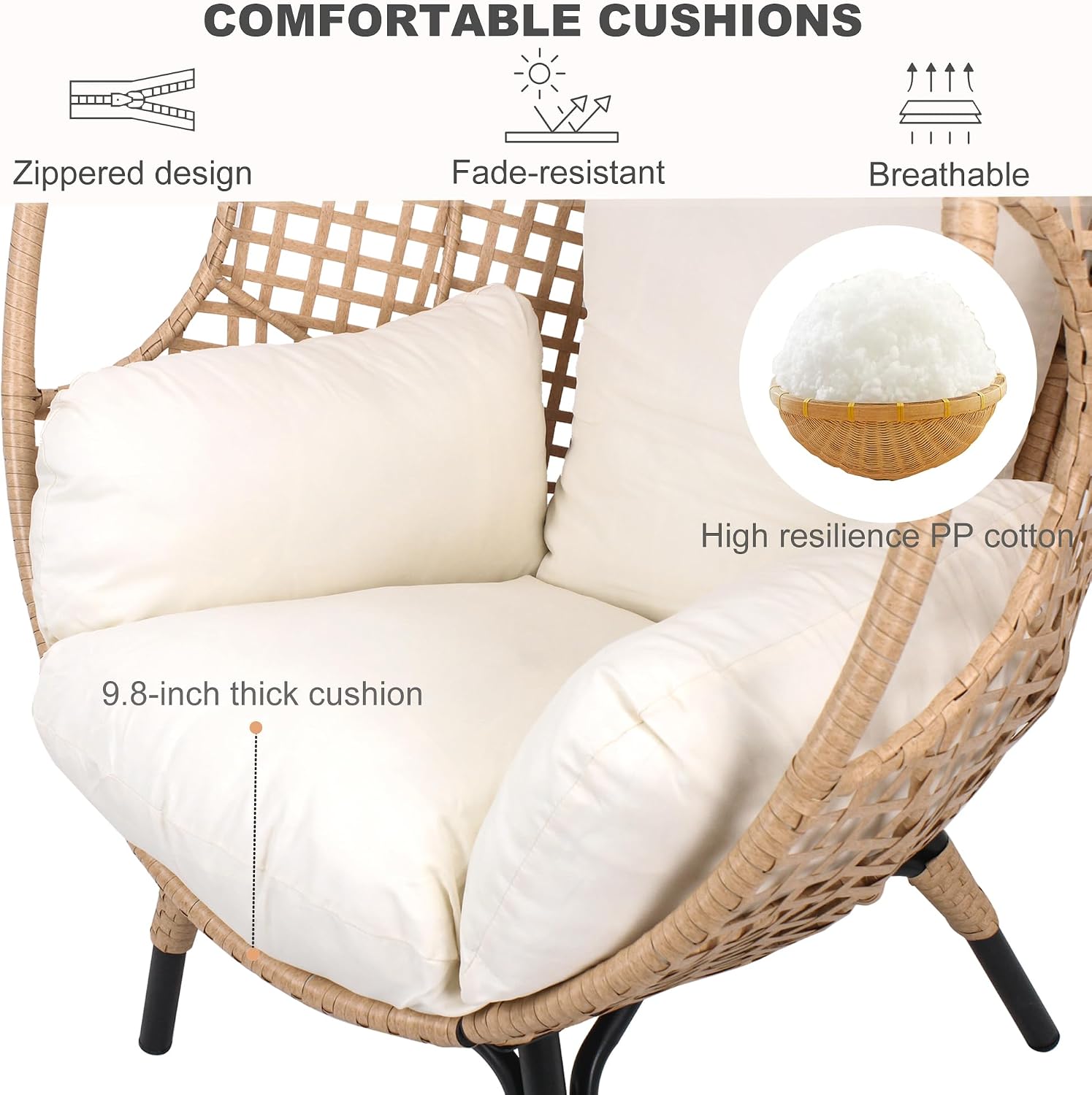 Oversized Wicker Egg Chair Outdoor Indoor Rattan Patio Egg Lounge Chairs with Cushion 500lbs Capacity for Living Room, Balcony, Backyard(Beige)