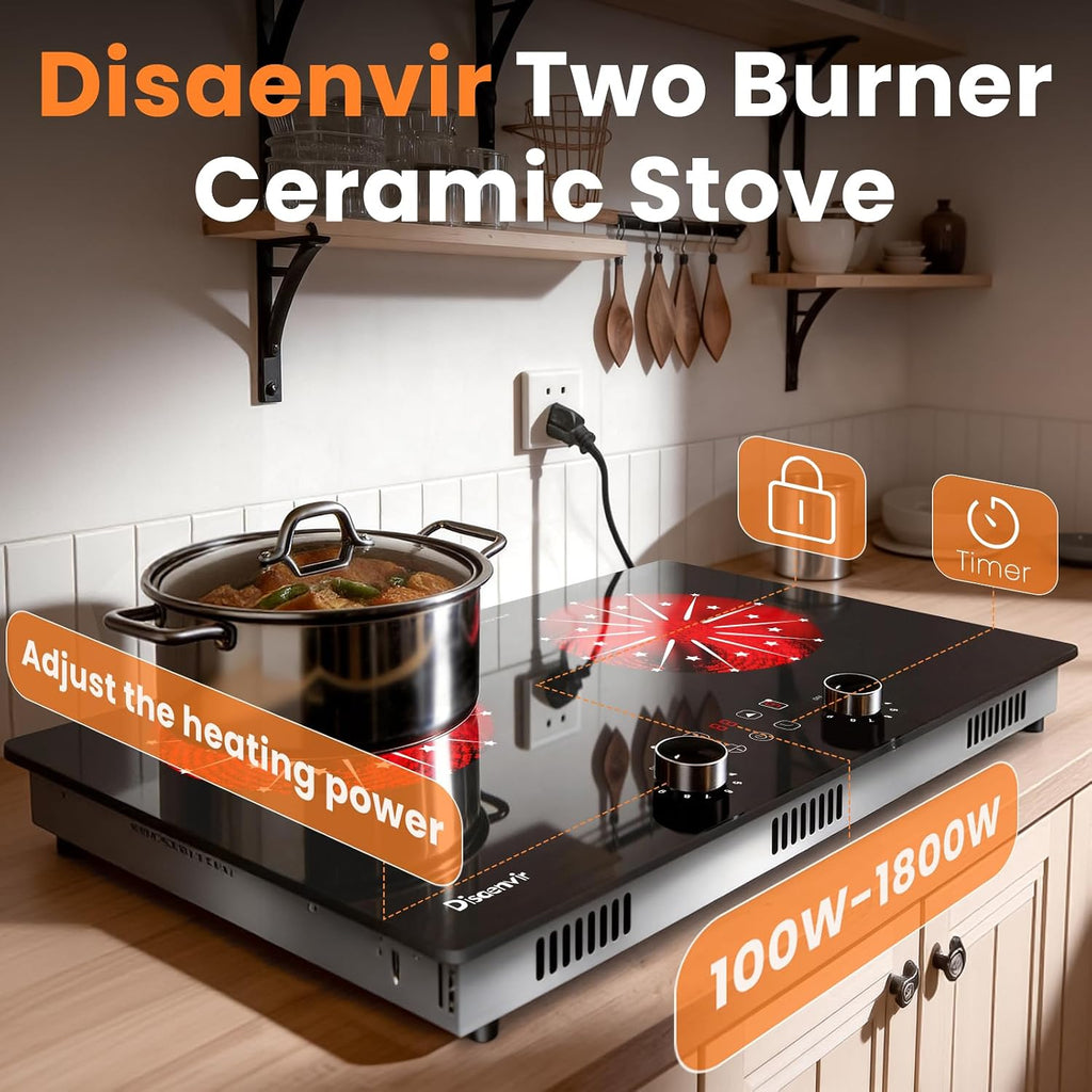 2 Burner Electric Cooktop 110V - 24 Inch(23.6'x 13.78') Ceramic Stove Countertop & Built-in(22'x 12.2'), 2000W Two Burner Cooktop with Touch & Knob Control, Timer, Safety Lock, 120V Plug in