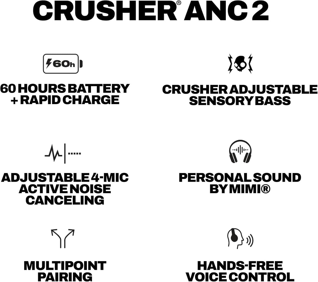 Skullcandy Crusher ANC 2 Wireless Over-Ear Bluetooth Headphones with Multi-Sensory Bass, Active Noise Cancelling, Up to 60 Hours Battery, Microphone for iPhone Android - Plasma