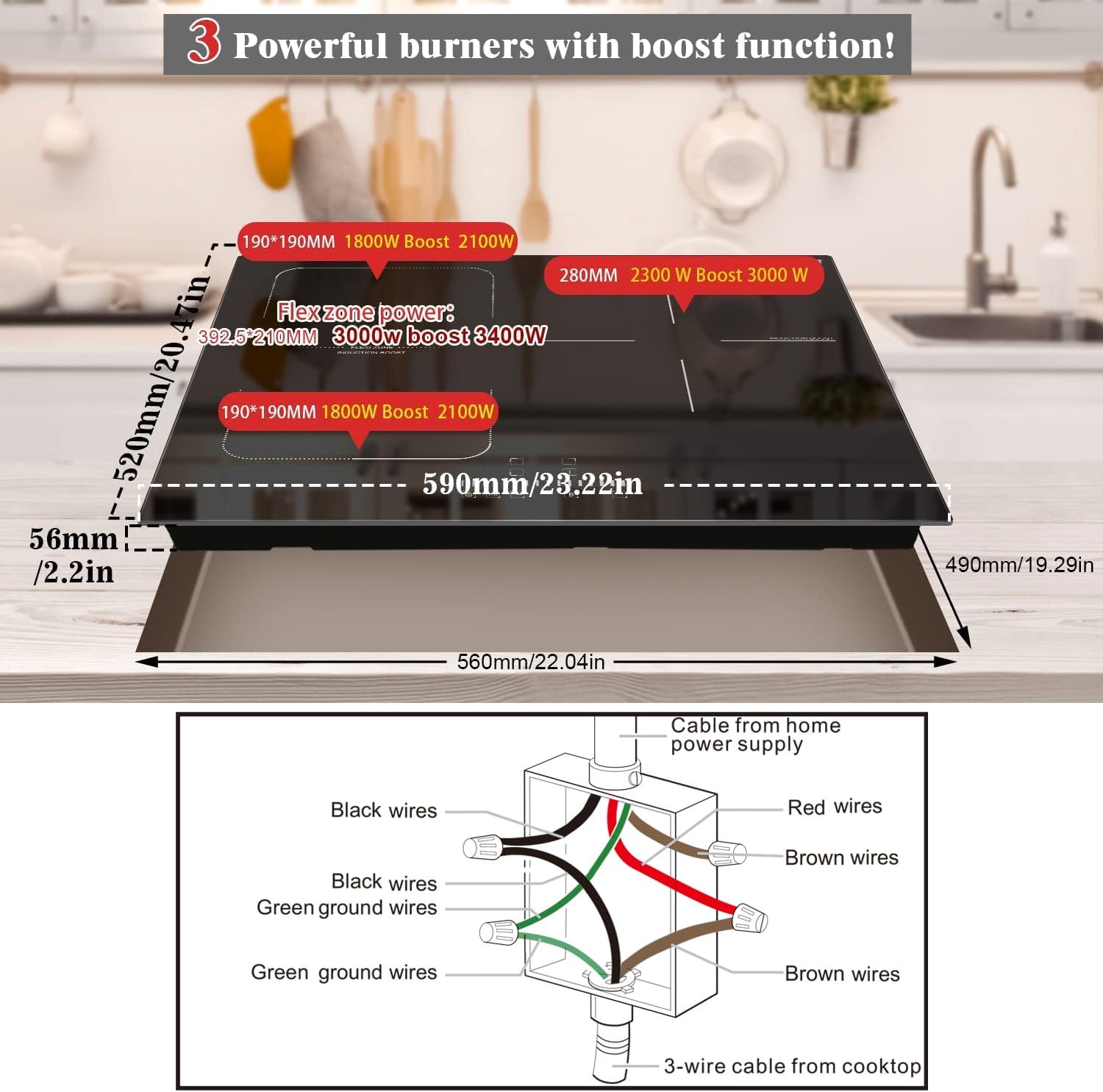 Karinear 24 Inch Induction Cooktop 3 Burners, 6800W Built-in Induction Stovetop with Flex Zone,Child Safety Lock, Timer, Boost, Slider Control Black Glass Electric Cooktop 220-240V Hard Wire