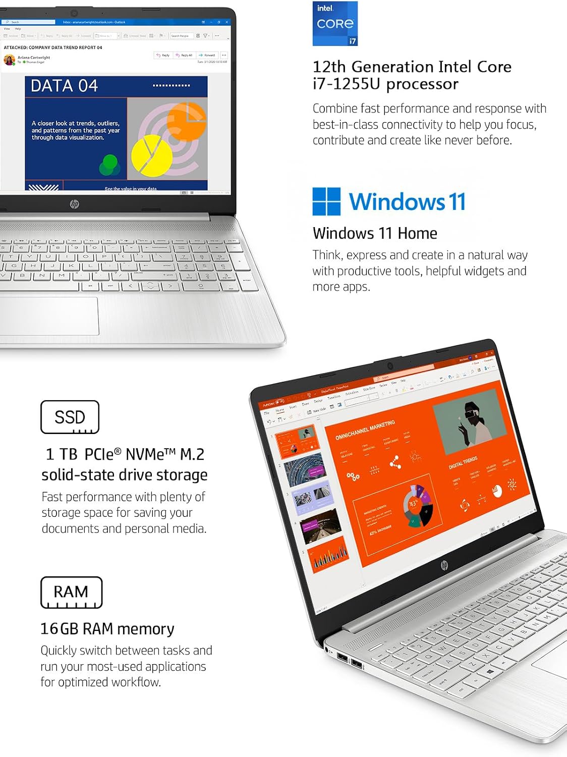 HP 15.6' Full HD Touchscreen Laptop, 16GB RAM, 1TB SSD Storage, Intel Core i7-1255U Processor up to 4.7GHz, Long Battery Life, HD Camera, HDMI, Windows 11, Natural Silver, W/GaLiMu
