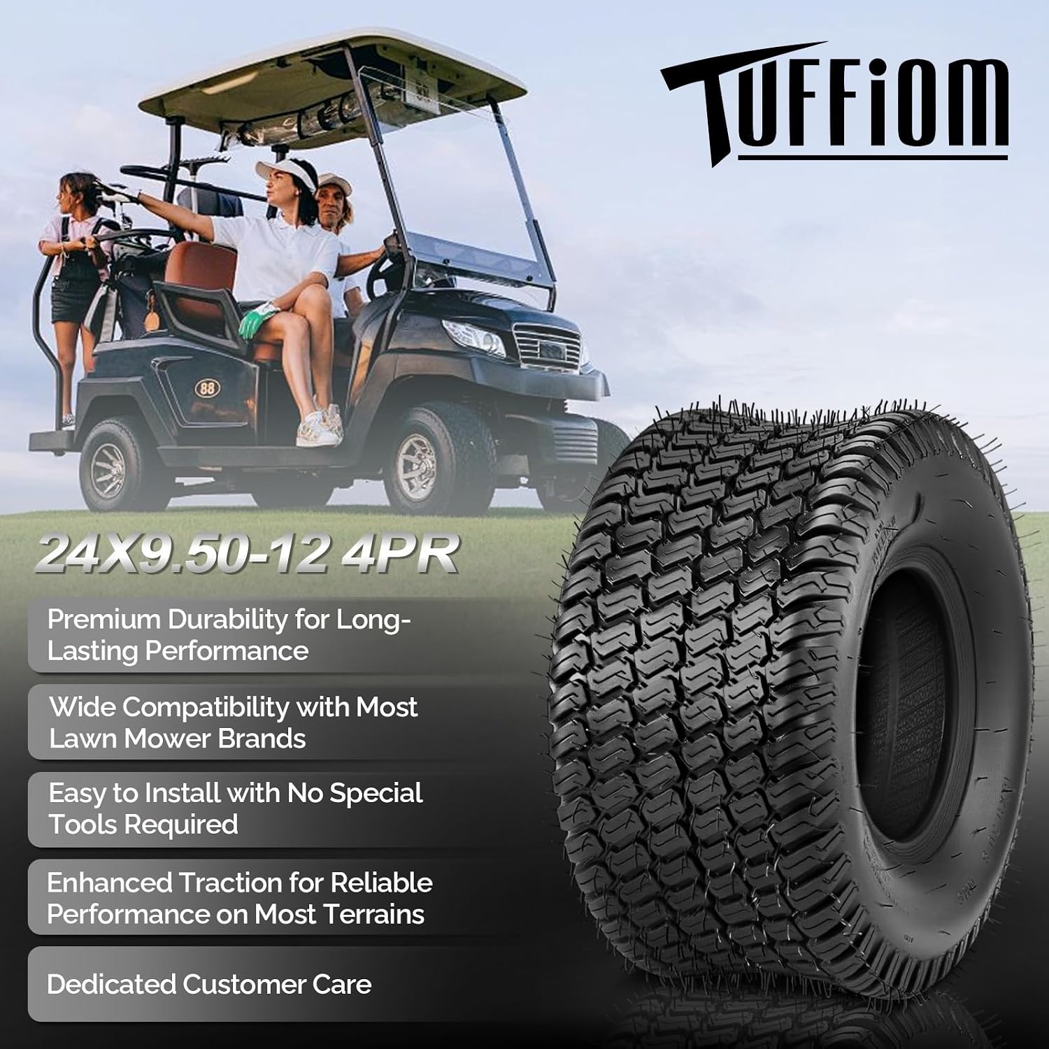 TUFFIOM 24x9.50-12 Lawn Mower Tires Set of 2, 4PR Turf Tire Lawn & Garden Tires, Compatible With Most Lawn & Garden Utility Vehicles, Tubeless