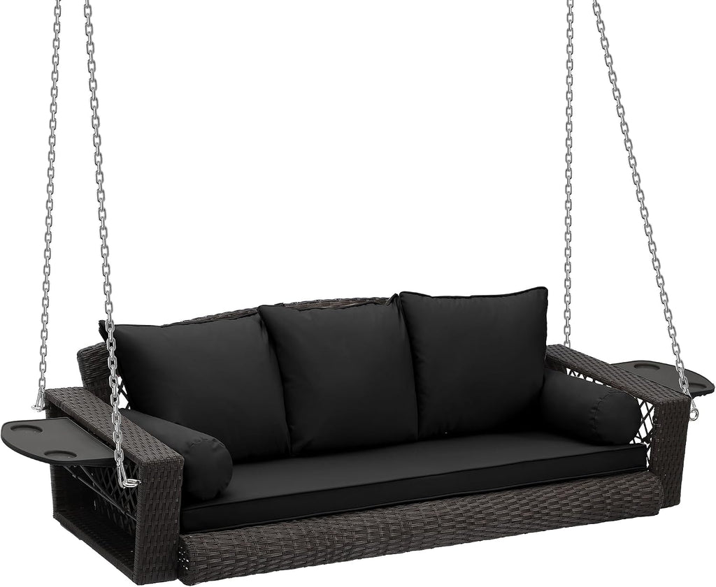 Grepatio 3 Person Porch Swing Patio Wicker Hanging Porch Swing Chair Outdoor Rattan Swing Bench with Cushion and Pillow for Garden, Yard, Lawn (Brown Rattan Black Cushion)