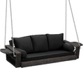 Grepatio 3 Person Porch Swing Patio Wicker Hanging Porch Swing Chair Outdoor Rattan Swing Bench with Cushion and Pillow for Garden, Yard, Lawn (Brown Rattan Black Cushion)