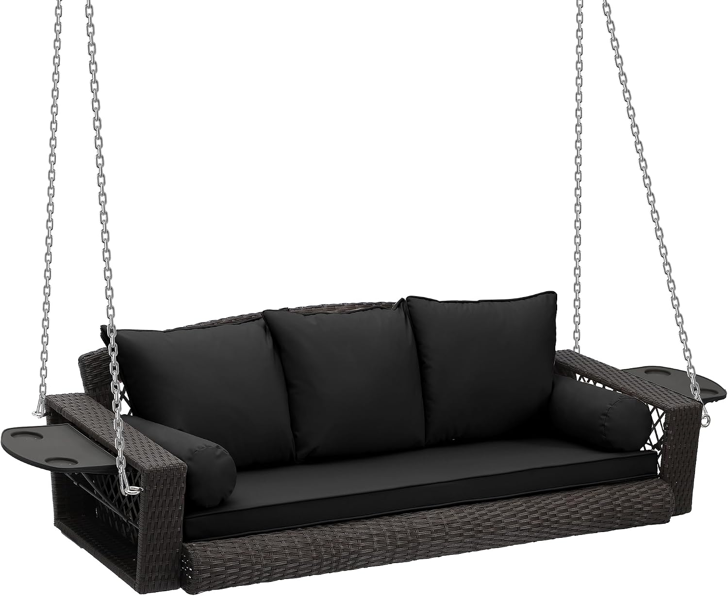 Grepatio 3 Person Porch Swing Patio Wicker Hanging Porch Swing Chair Outdoor Rattan Swing Bench with Cushion and Pillow for Garden, Yard, Lawn (Brown Rattan Black Cushion)