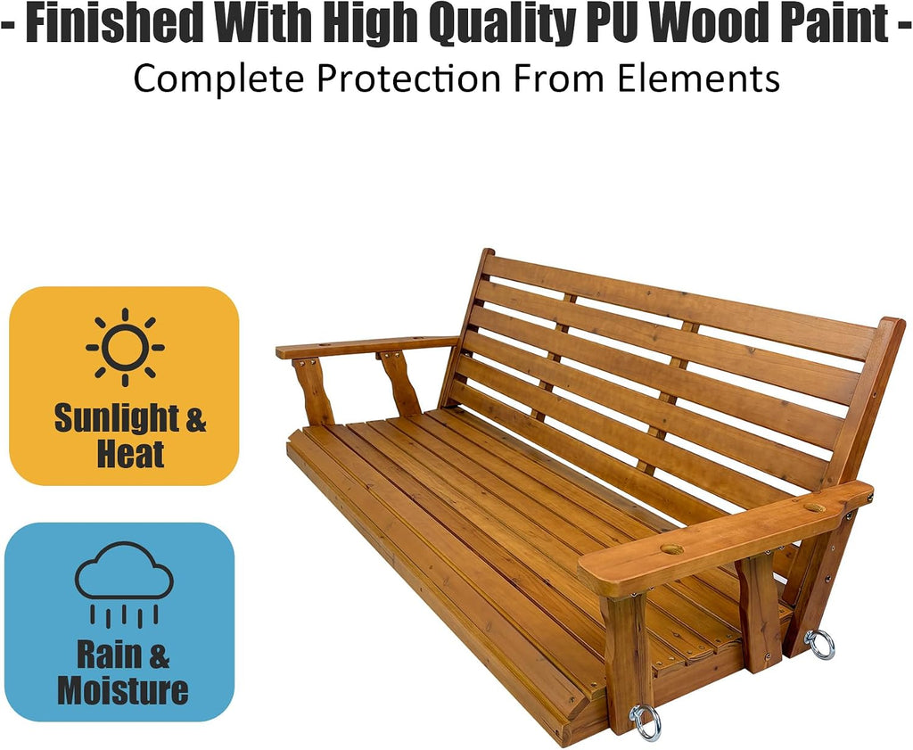 Wooden Porch Swing, Ergonomic Seat, Bench Swing with Hanging Chains and 7mm Springs, Heavy Duty 800 LBS, for Outdoor Patio Garden Yard (Brown, 3-Seater Extra Large)