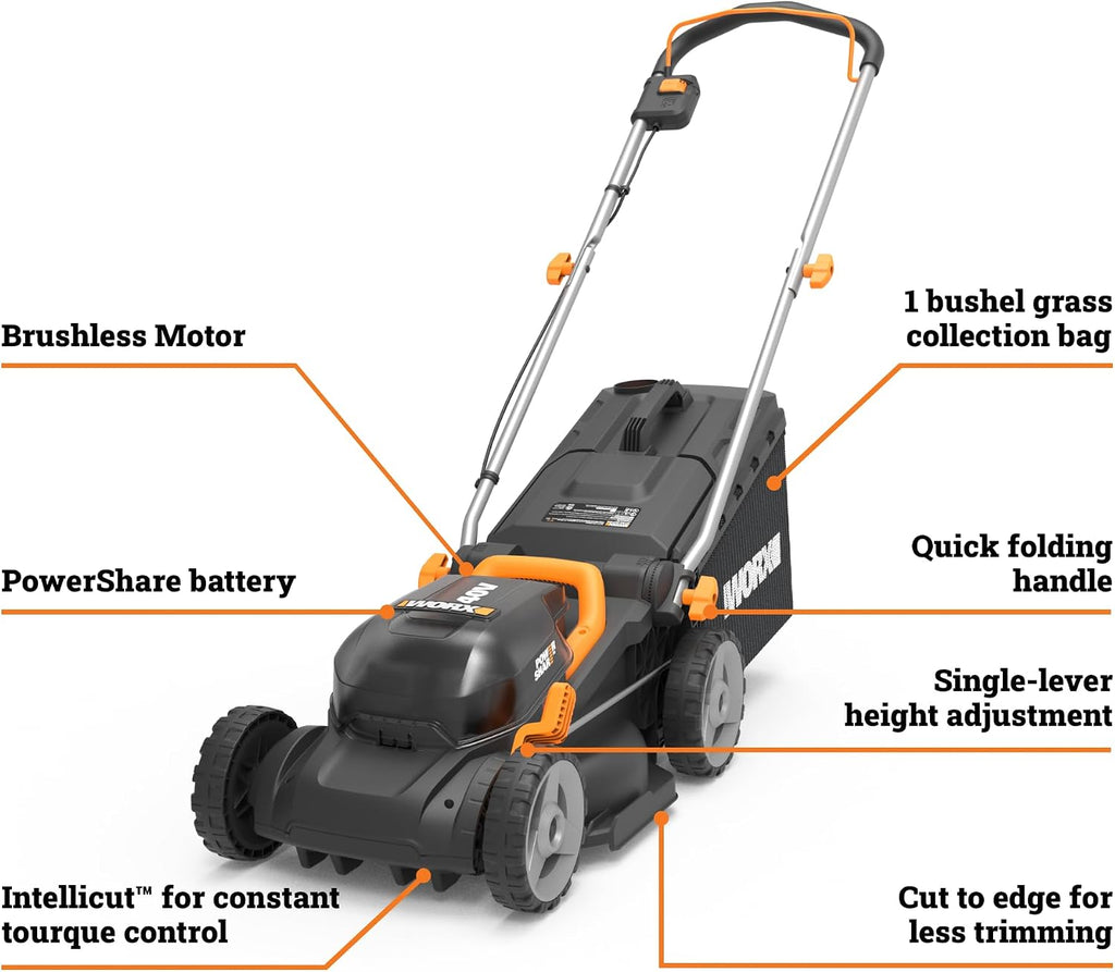 WORX Cordless Lawn Mower, 14' 40V Electric Mower with Brushless Motor, Lightweight 2 in 1 Push Lawn Mower with 6-Position Height Adjustment for Small Yards, 2 Batteries & Charger Included, WG735