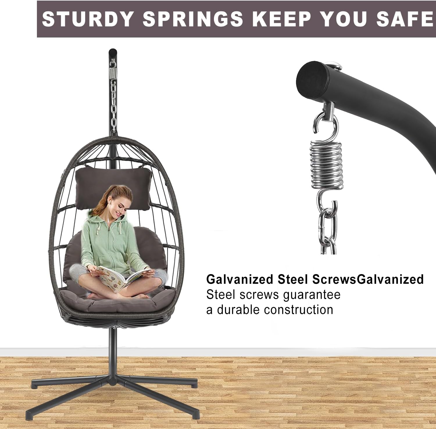 Indoor Outdoor Patio Wicker Hanging Chair Swing Chair Patio Egg Chair UV Resistant Cushion Aluminum Frame (Grey)