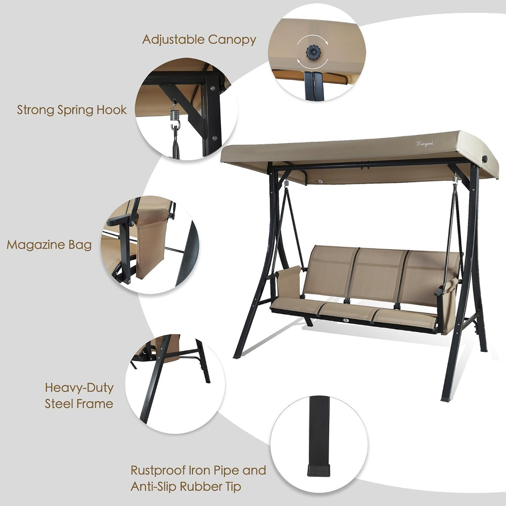 Kozyard Brenda 3-Seat Outdoor Porch Swing Glider, Patio Swing with Adjustable Canopy, Steel Frame, Breathable Textilene Seat & Back, Side Pockets (Tan)