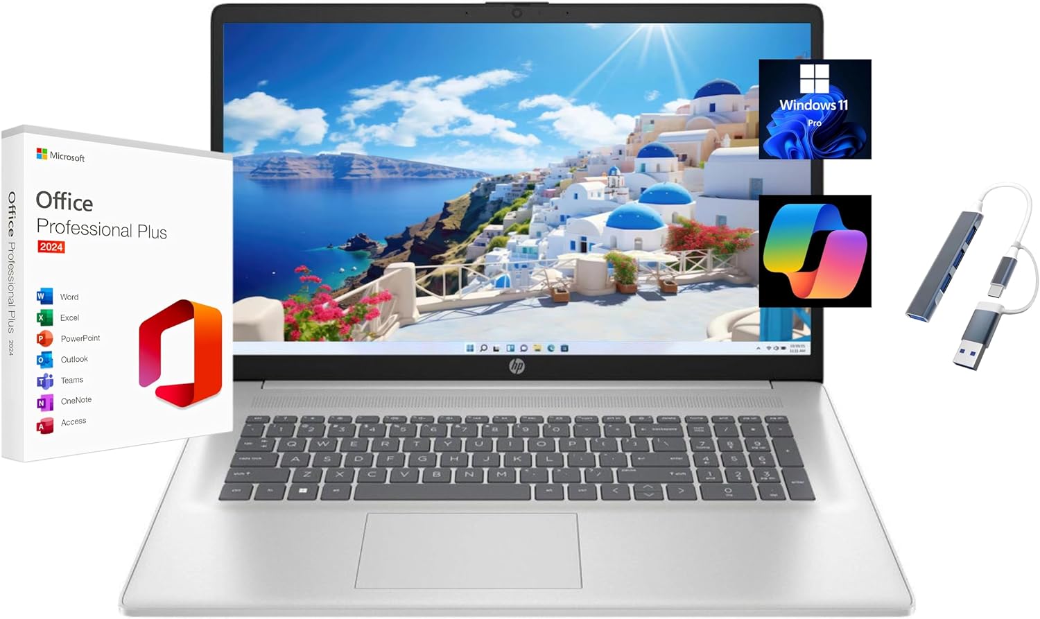 HP 17.3' Full HD Laptop, with Free Lifetime Microsoft Office 2024, AMD Ryzen 5 7520U, 8GB LPDDR5 RAM, 512GB SSD, AMD Radeon, Windows 11 Pro, Natural Silver, Wi-Fi 6, Copilot, with USB Hub