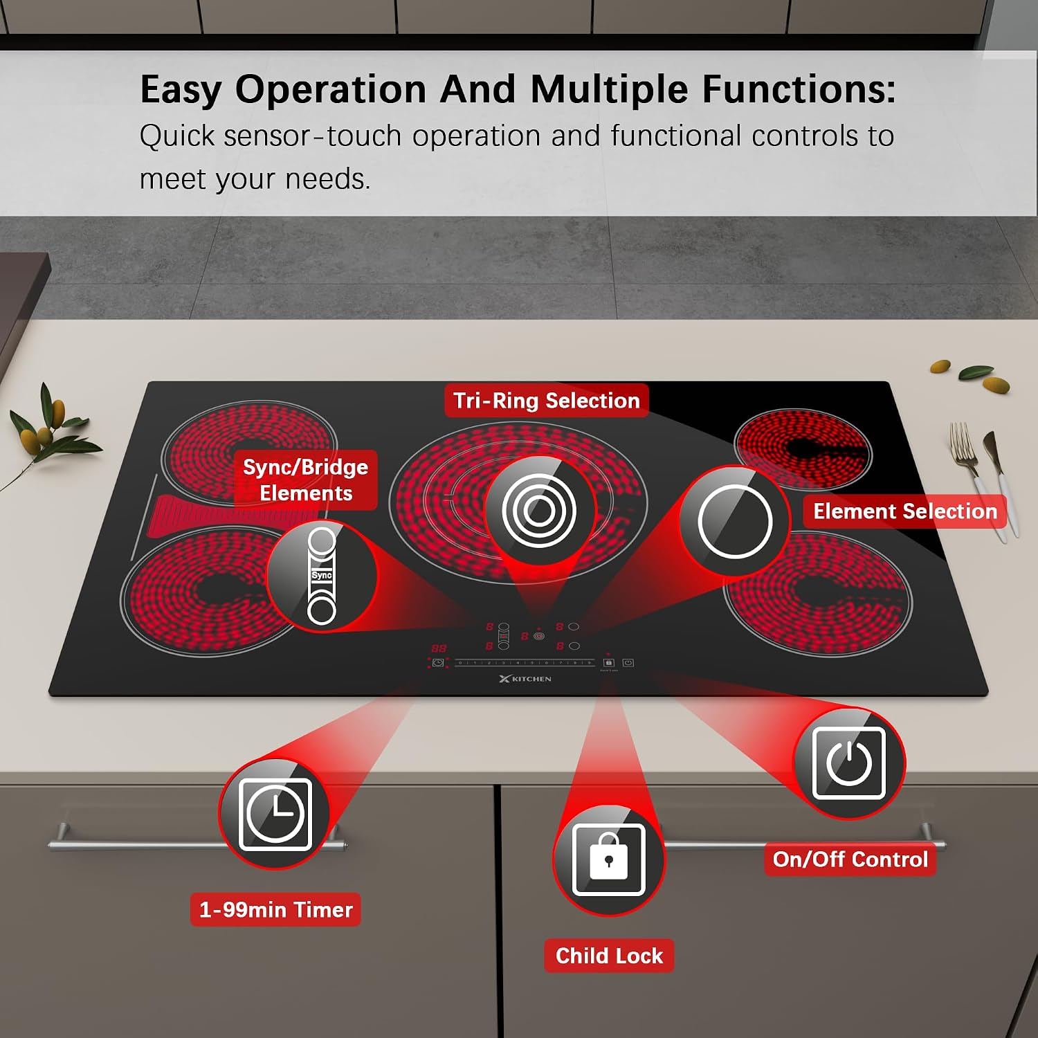 Electric Cooktop 36 Inch Ceramic Stove - 5 Burners Built-in 220-240V Black Cooktop, Touch Control, Child Lock, 9 Power Levels, Timer (9200W)