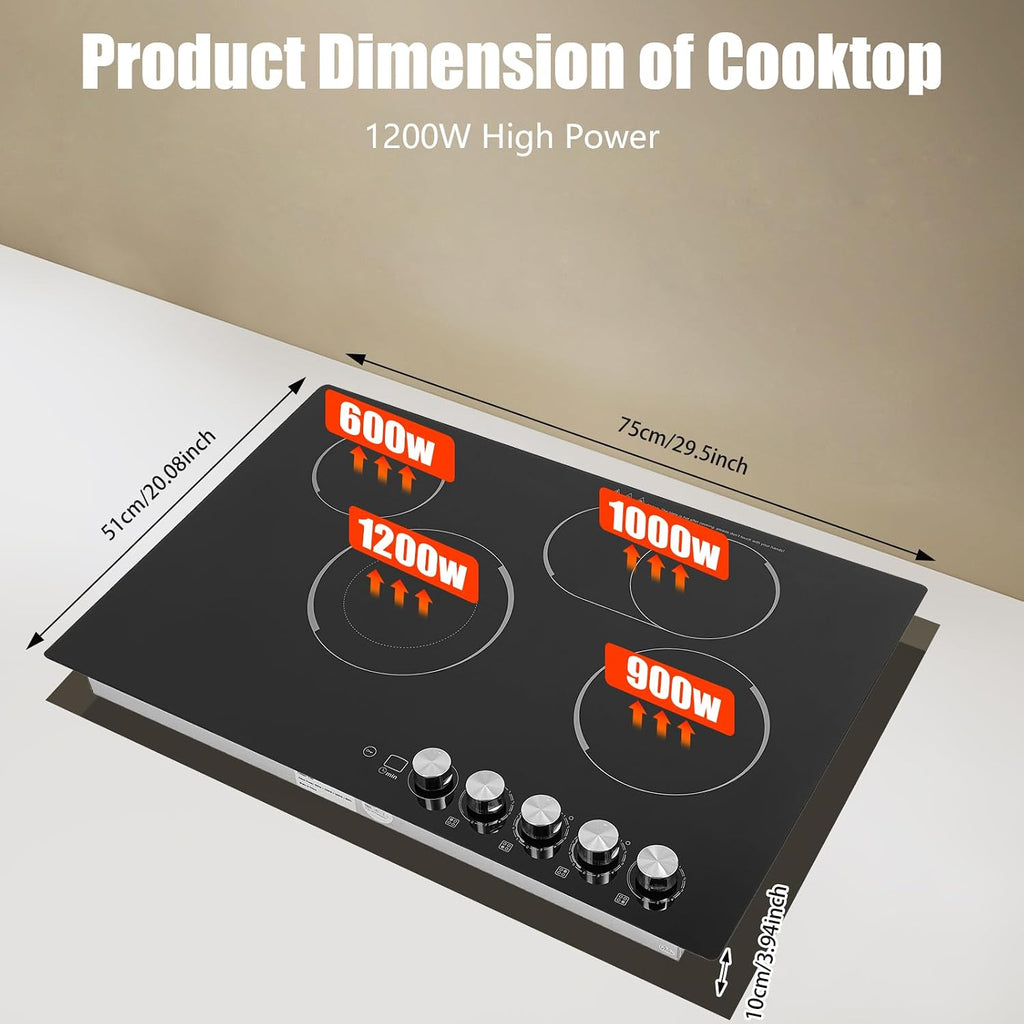 4-Burner Cooktop 110V Electric Stove Top with Independent Knob Child Lock 4 Power Levels Ceramic Cooktop for Kitchens, No Plug (30Inch)
