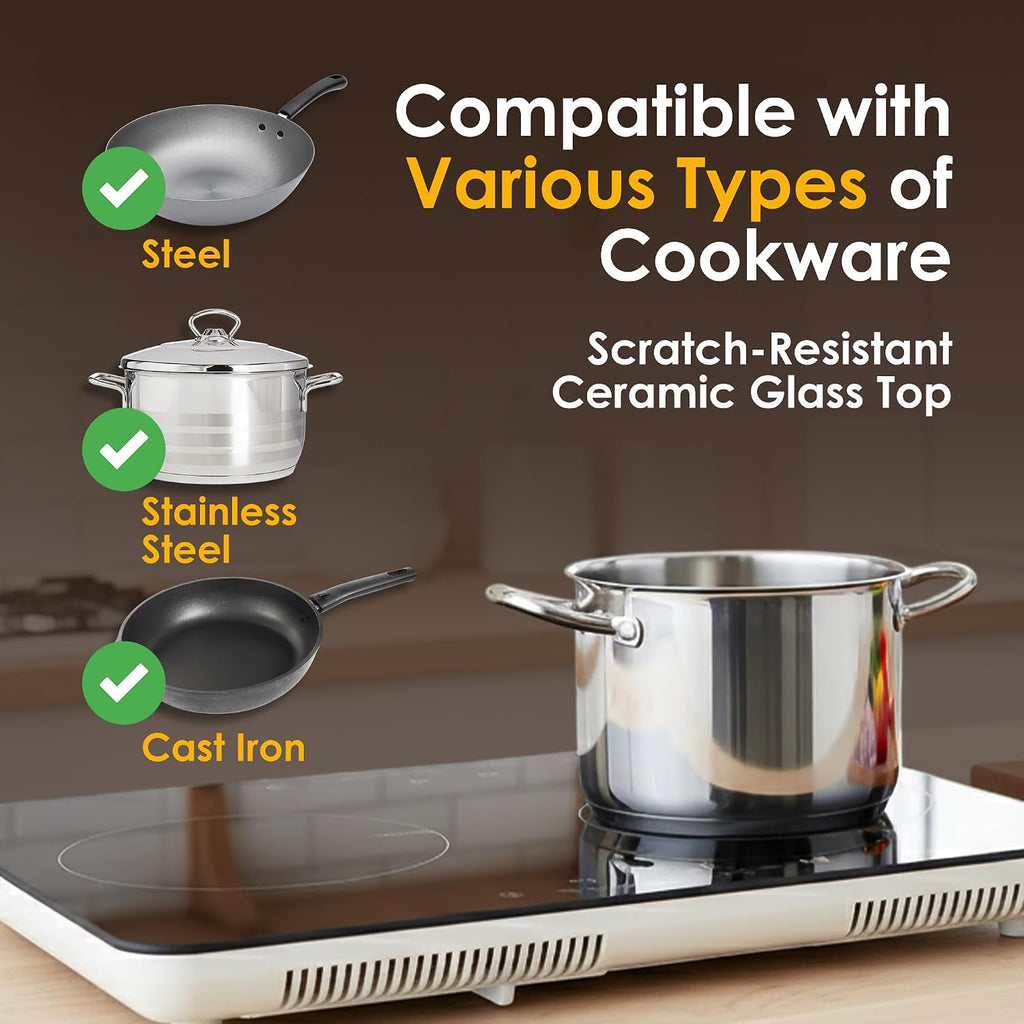 K&H 2 Burner Double Dual 24 Inch Induction ULTRA SLIM Electric Stove Top Ceramic Cooktop White 120V 1800W IN-DD18-120S