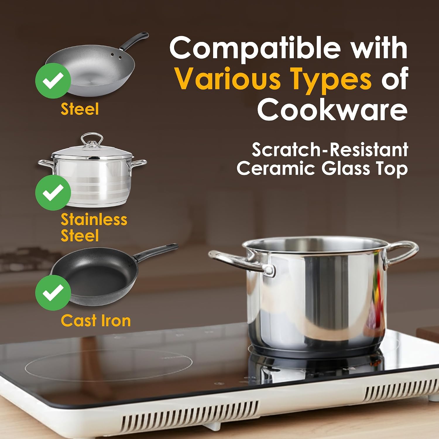 K&H 2 Burner Double Dual 24 Inch Induction ULTRA SLIM Electric Stove Top Ceramic Cooktop White 120V 1800W IN-DD18-120S