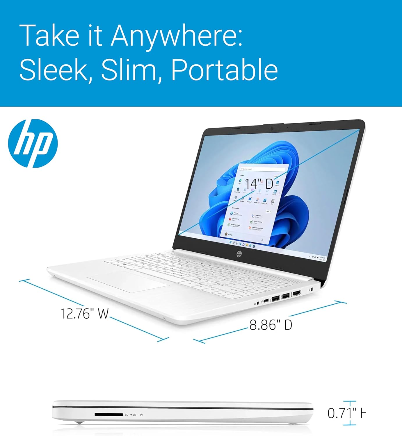 HP 14' Ultra Light Laptop for Student & Home (Intel Quad-Core N4120, 4GB RAM, 128GB(64GB + 64GB SD), 1-Year Office 365) 11-Hr Long Battery Life, Webcam, WiFi, Win 11 Home in S Mode - Snow White