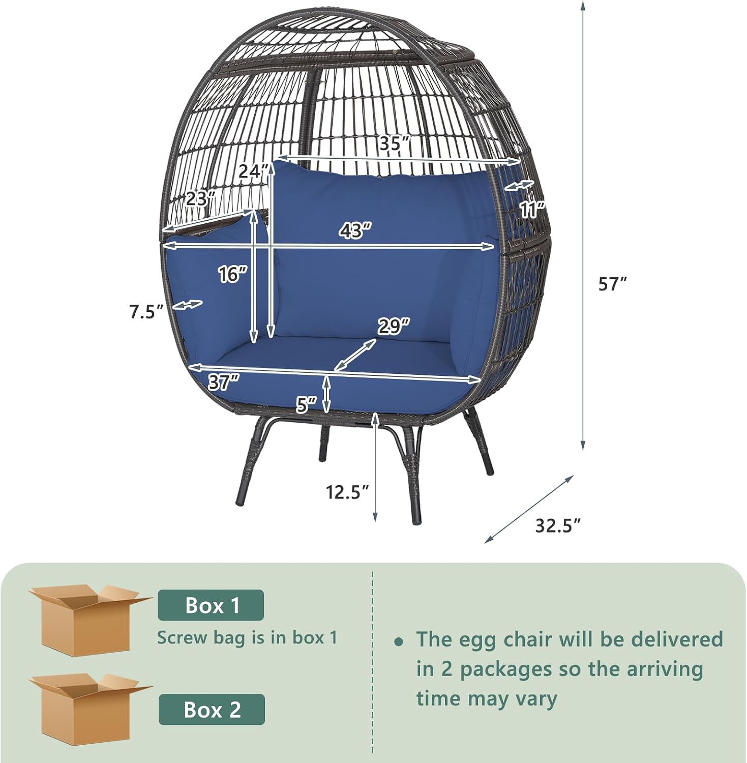 Tangkula PE Wicker Egg Chair, Patiojoy Oversized Indoor Outdoor Patio Lounge Chair with Cushions and Pillows, Steel Frame Basket Chair for Garden, Deck, Balcony, Living Room (Navy)