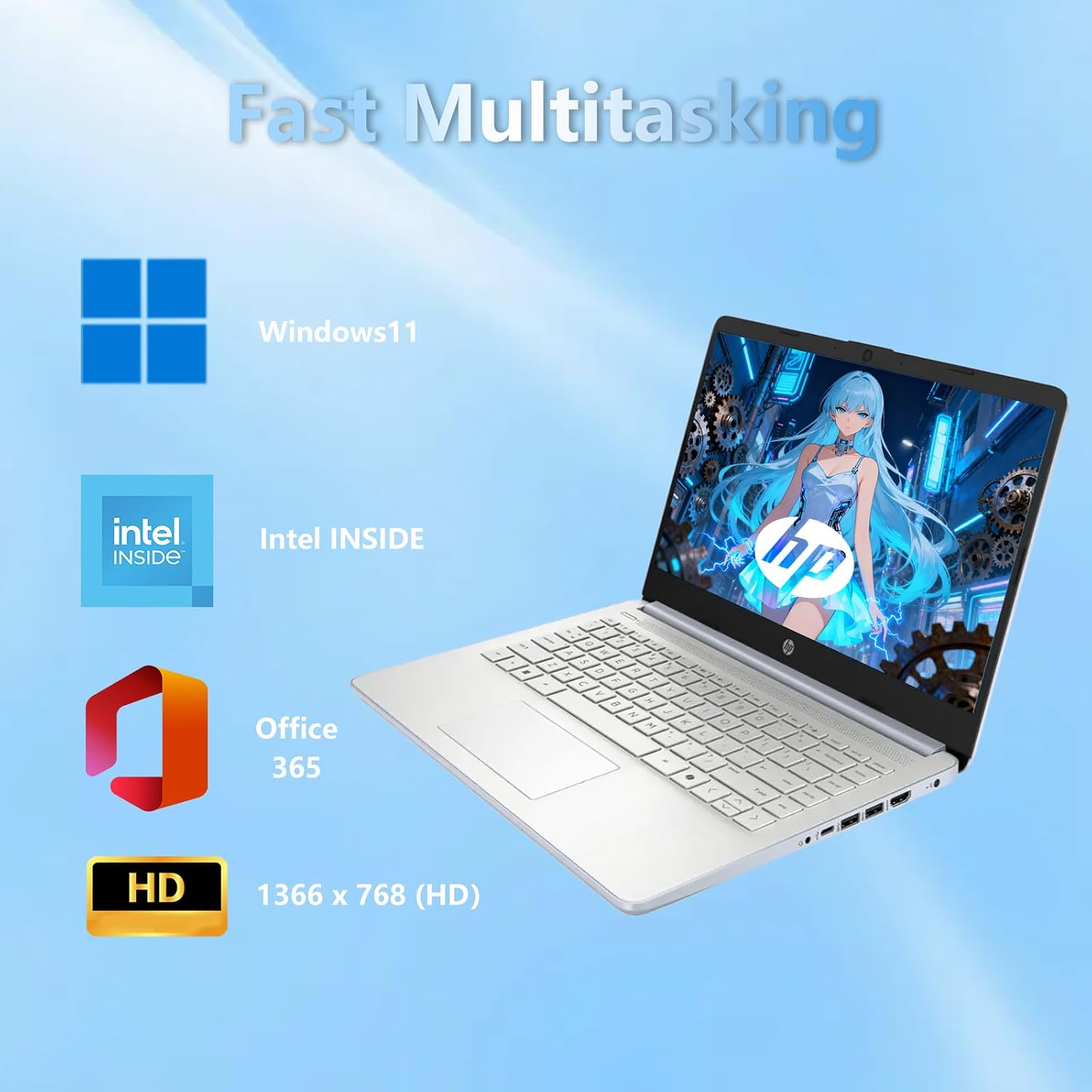 HP 14 Elite Laptop, 8GB RAM, 1.12TB Total Storage (128GB UFS+1TB Cloud), Sky Blue, Office 365, Intel 4-Core, Win11, Copilot AI, 11Hr Battery, Alpacatec Mouse