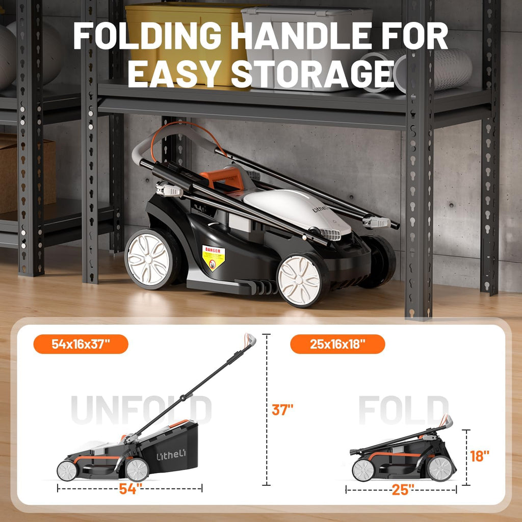 Litheli 13 Inch Electric Lawn Mower Cordless,Grass Cutter Machine for 2600 Sq.Ft. Lawnmower, 8 Gallon Capacity, Cutting Height from 1 to 2.5 in, Includes 2X4.0 Ah Battery.