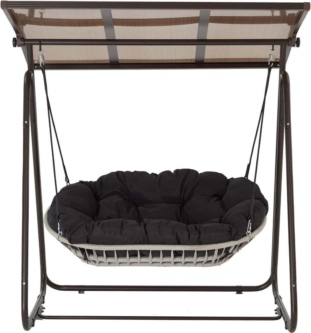 2-Seat Outdoor Patio Porch Swing with Polycarbonate (PC) Canopy, All-Weather Outdoor Swing Chair with 4.7' Thick Cushion and Hand-Woven Rope, Heavy Duty Steel Frame for Patio, Garden, Black
