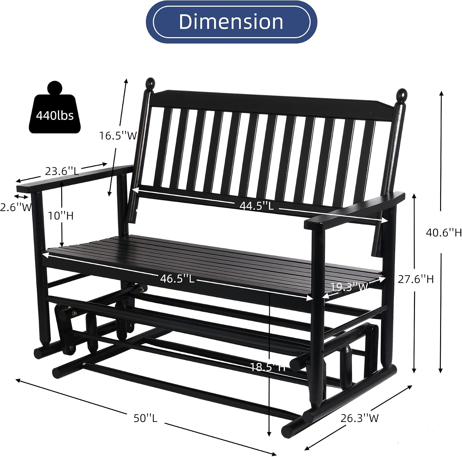 LUCKYERMORE Patio Glider Bench for Outside, Porch Swing Chair Outdoor Rocking Bench, 400 LBS Capacity, Wooden 2-Person Glider for Backyard, Poolside, Garden, Black