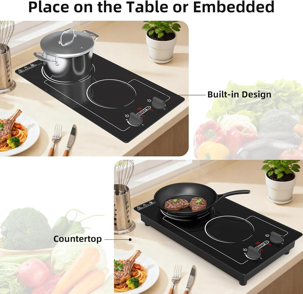 VBGK 2 burner Induction cooktop,110V 2300W double burner hot plate with LED Touch Screen, 9 Power Levels, Kids Lock & Timer, Overheat Protection, knob and touch control Double Induction Cooktop