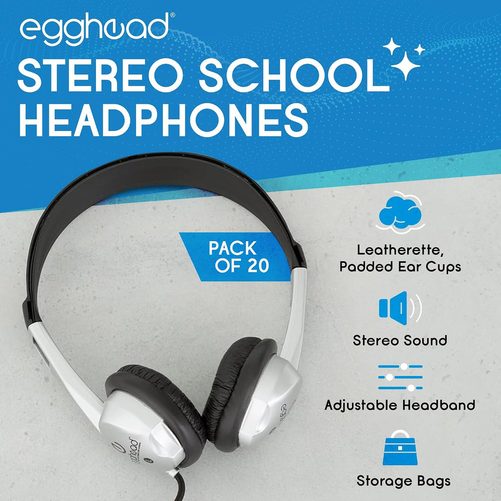 Egghead Stereo School Headphone W/Leatherette Ear Cushion (Pack of 20), black/silver