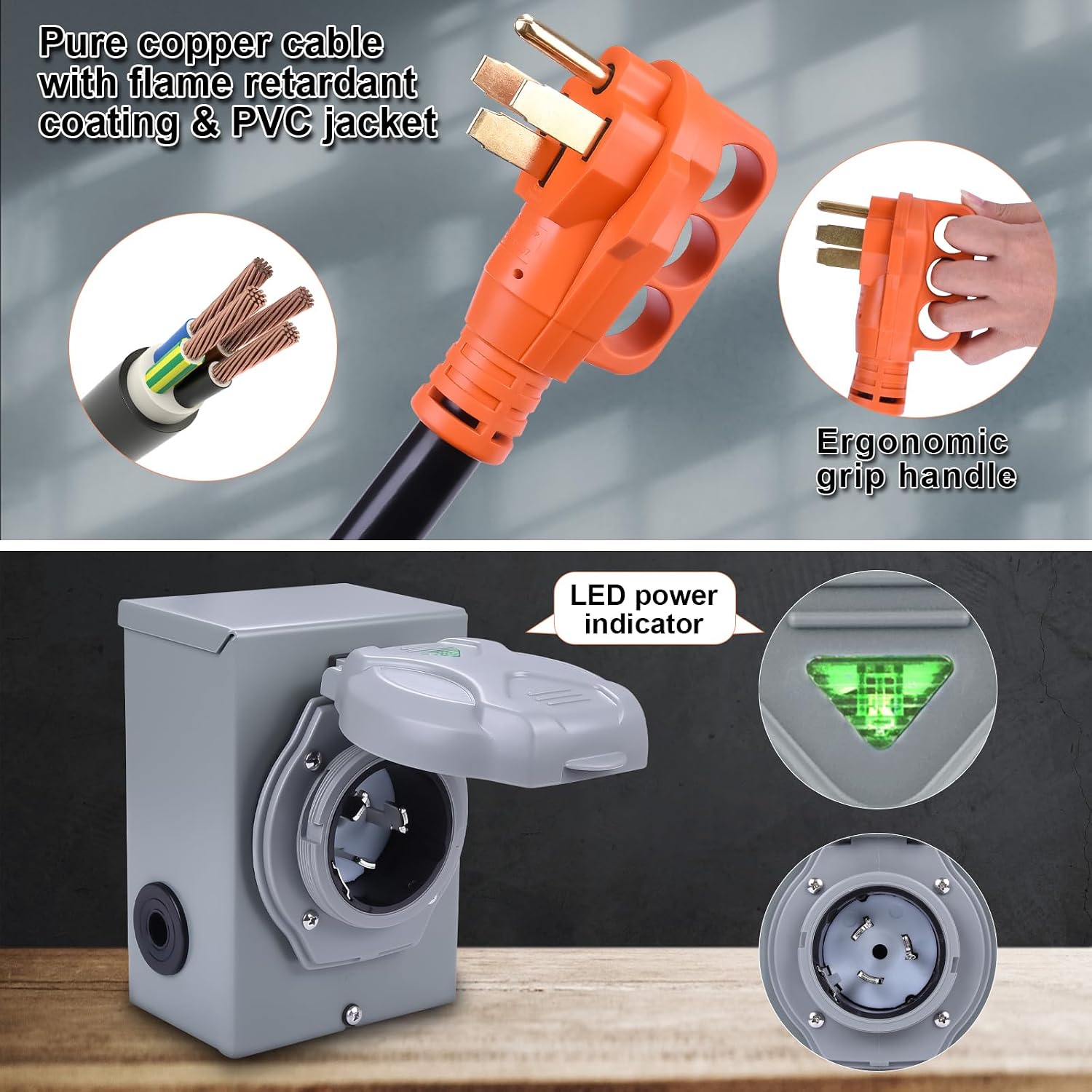 50A Generator Cord and Power Inlet Box,25FT Generator Extension Cord NEMA 14-50P/SS2-50R STW 6/3+8/1 AWG with Twist Lock Connector,Pre-Drilled Inlet Box for Generator to House,125/250V ETL Listed