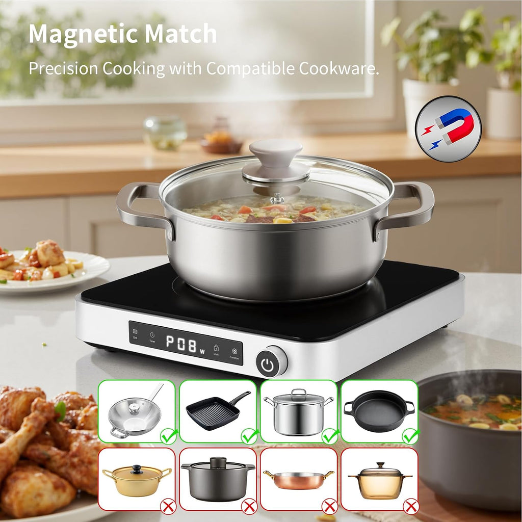 Cooktron 2-in-1 Induction Cooktop with Grill Pan – Portable 1 Burner Induction Hot Plate 1800W, Removable Griddle, 10 Power & 5 Temp Levels, Touch & Knob Control for Kitchen or RV Camping
