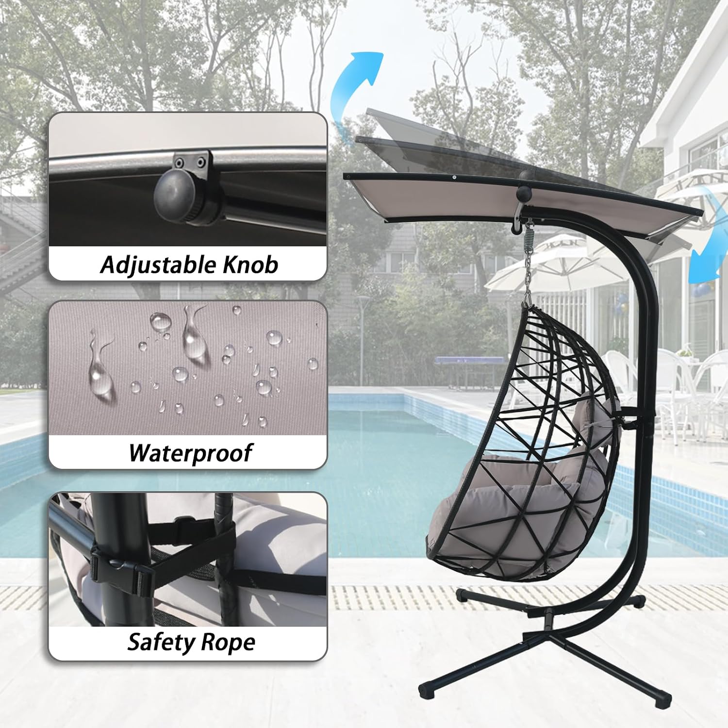 2 Person Hanging Egg Chair with Canopy, Outdoor Rattan Swing Hammock Basket Chair with Soft Cushion, Wicker Egg Chair for Outdoor Patio, Balcony, Garden (Grey)