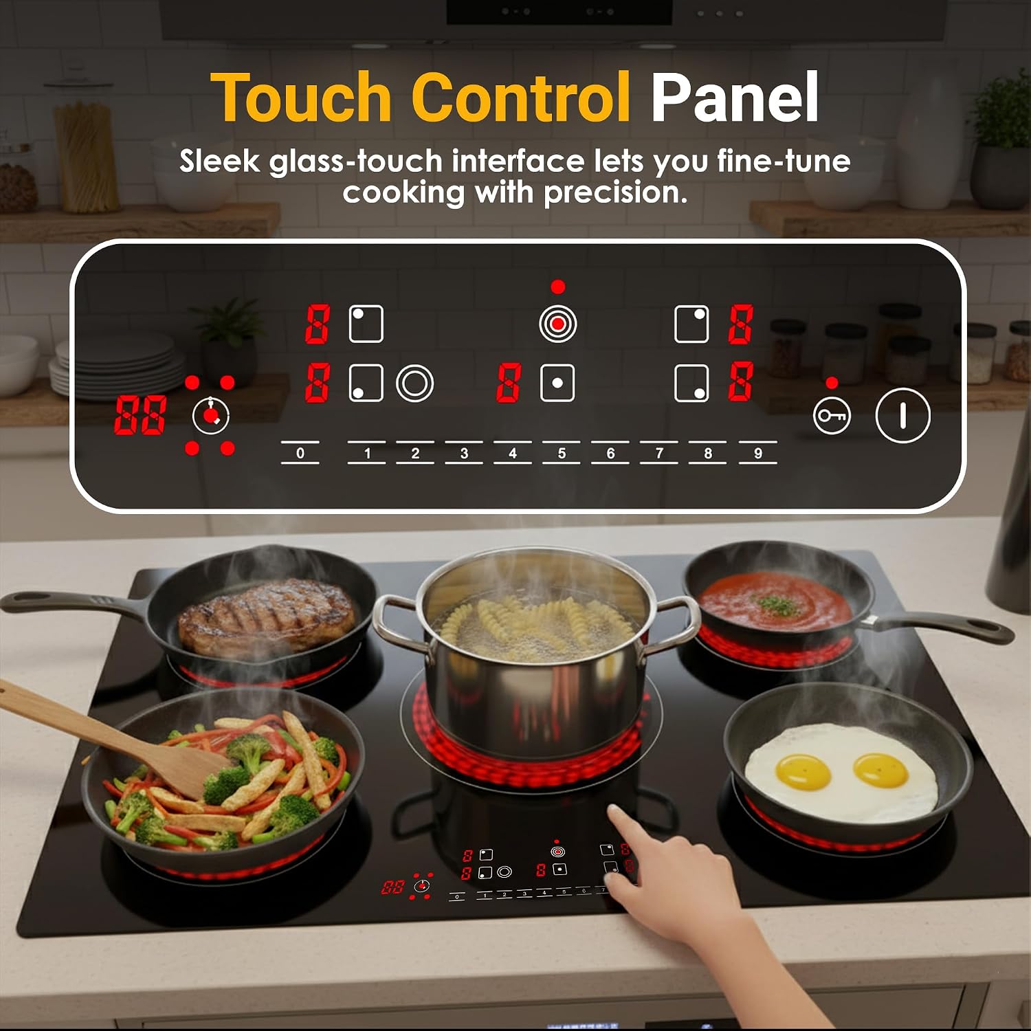 K&H 5 Burner Electric Cooktop - 30 Inch Built-In Radiant Ceramic Stove Top - 9 Power Levels & Touch Control, Compatible with All Cookware, 240V, 9000W High-Power Built-in Electric Stove, CE30-8808NF