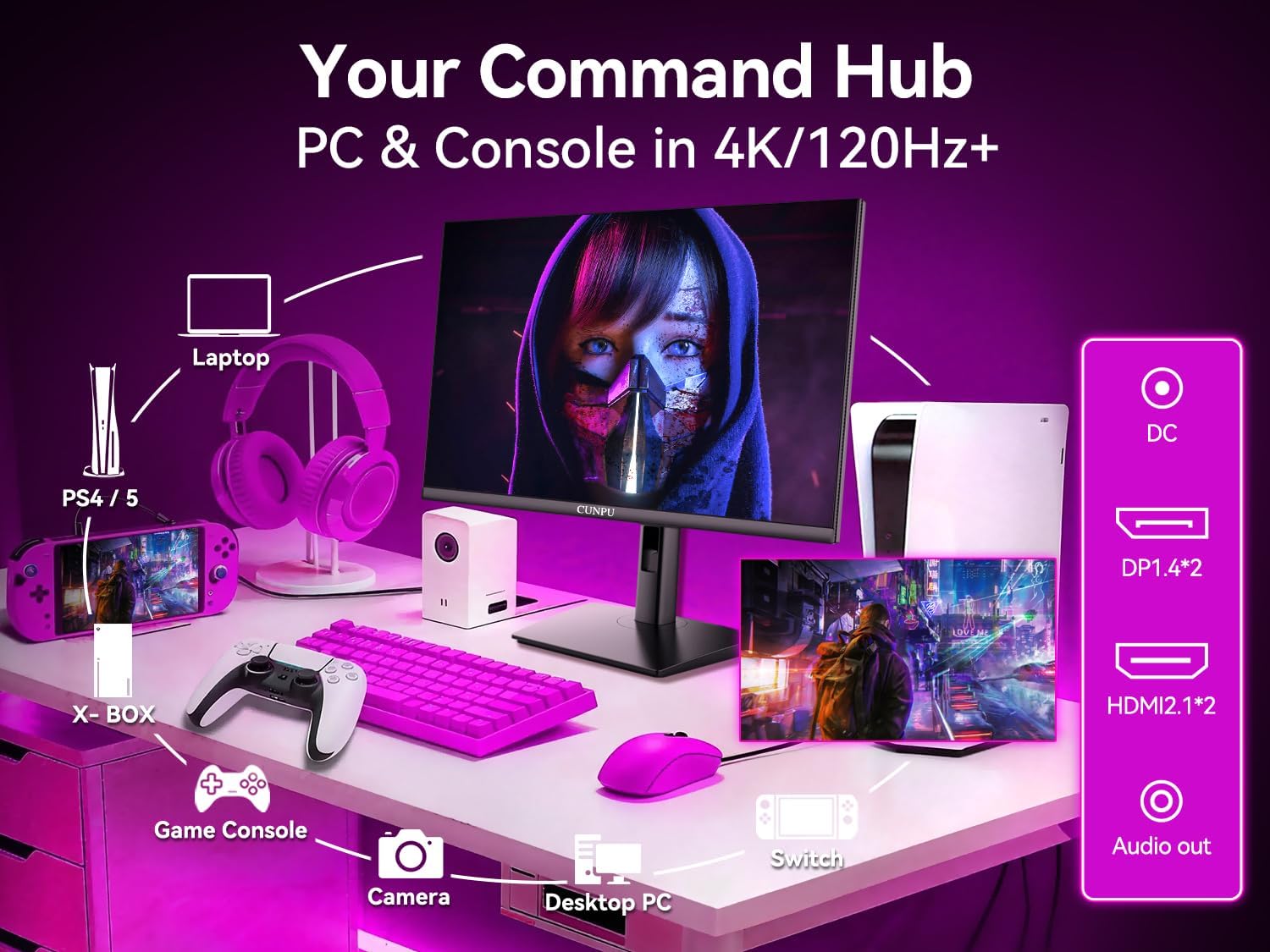 CUNPU 27' 4K 160Hz Ultimate Gaming Monitor, UHD Fast IPS 1ms, G-Sync Compatible & FreeSync, 99% DCI-P3, HDR400, HDMI 2.1 for PS5/Xbox 4K 120Hz, Full Ergonomic Stand